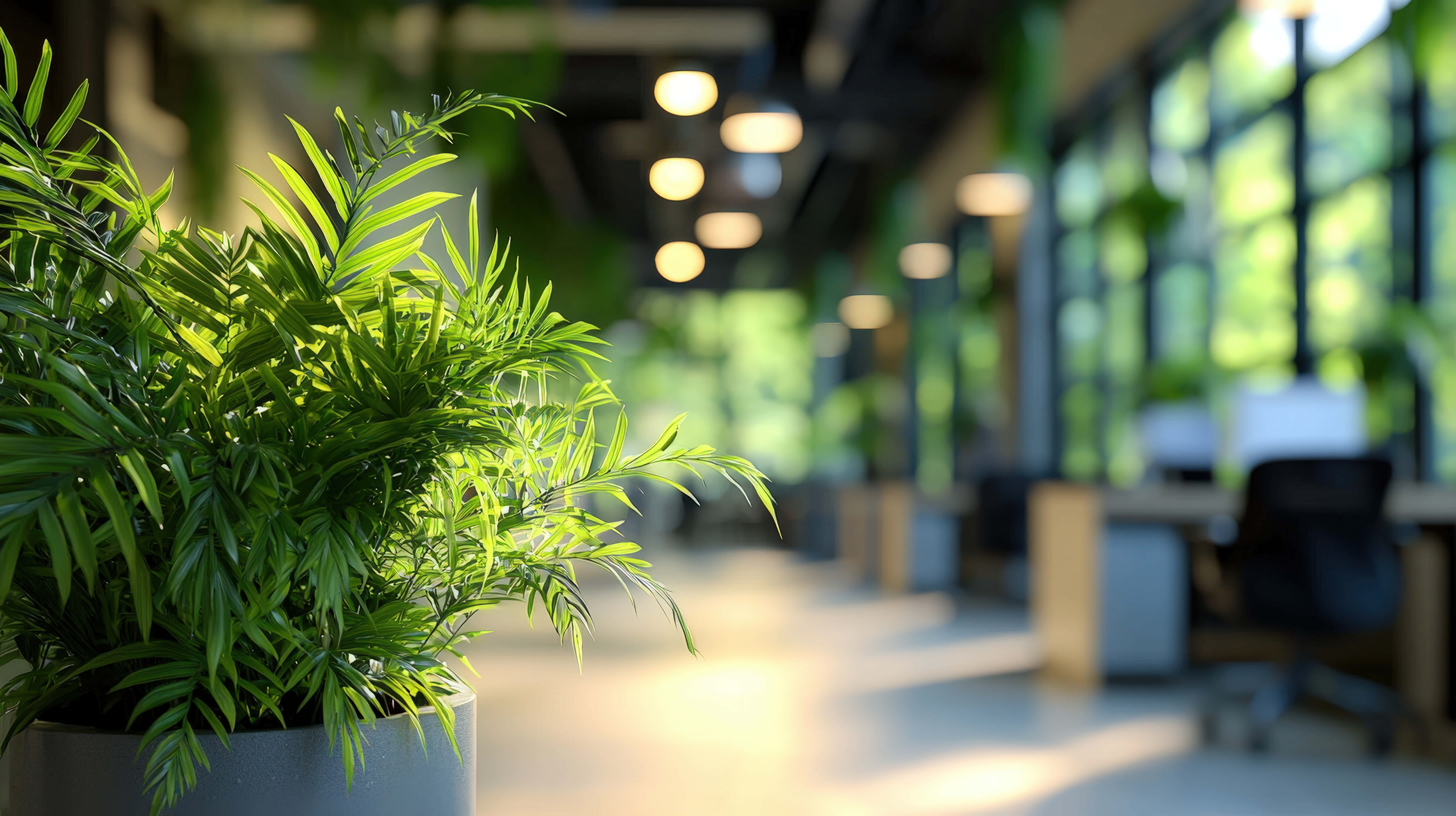 green fern, gray pot, modern office hallway, 8K Desktop Wallpaper