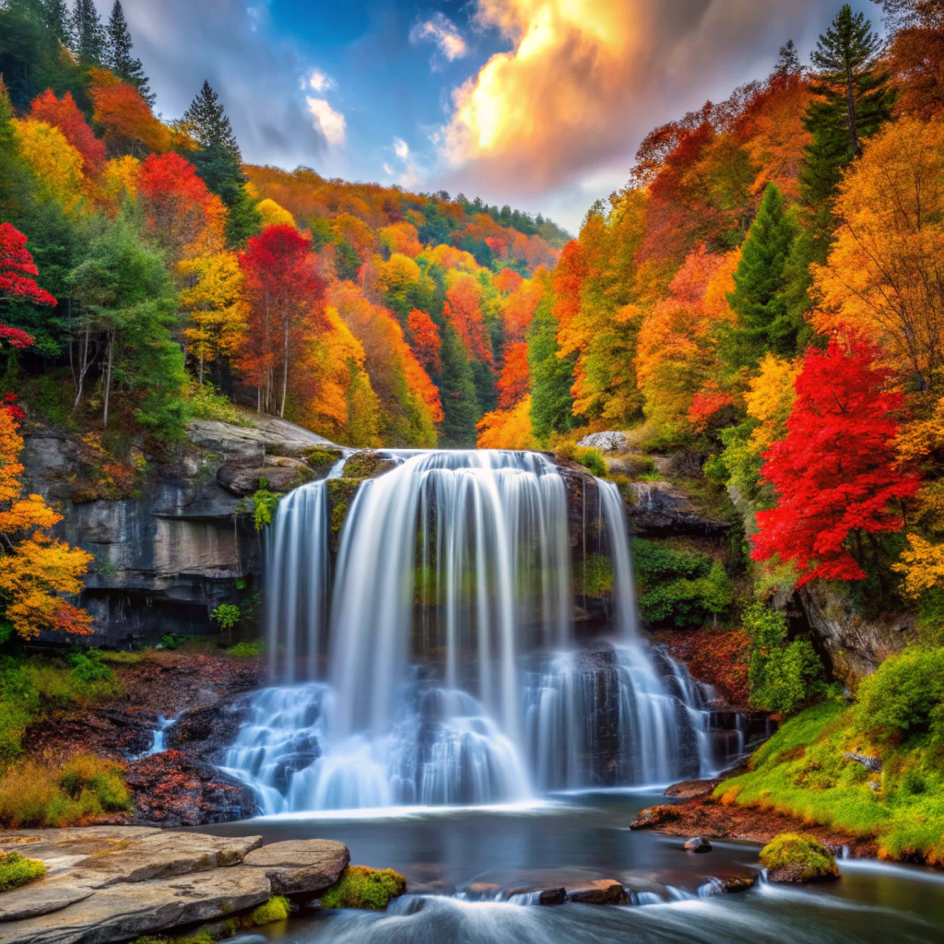 majestic colorful waterfall, vibrant autumn forest, fiery red orange and gold foliage, 4K Desktop Wallpaper