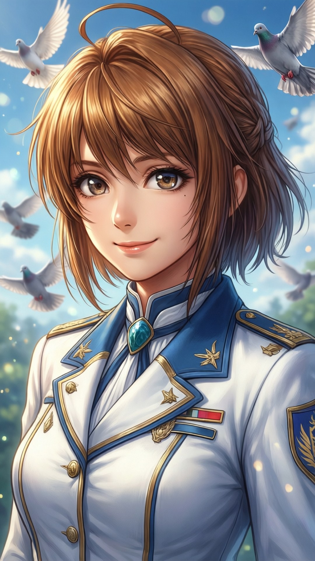 Relena Peacecraft, white and blue military uniform, white doves, Full HD Phone Wallpaper