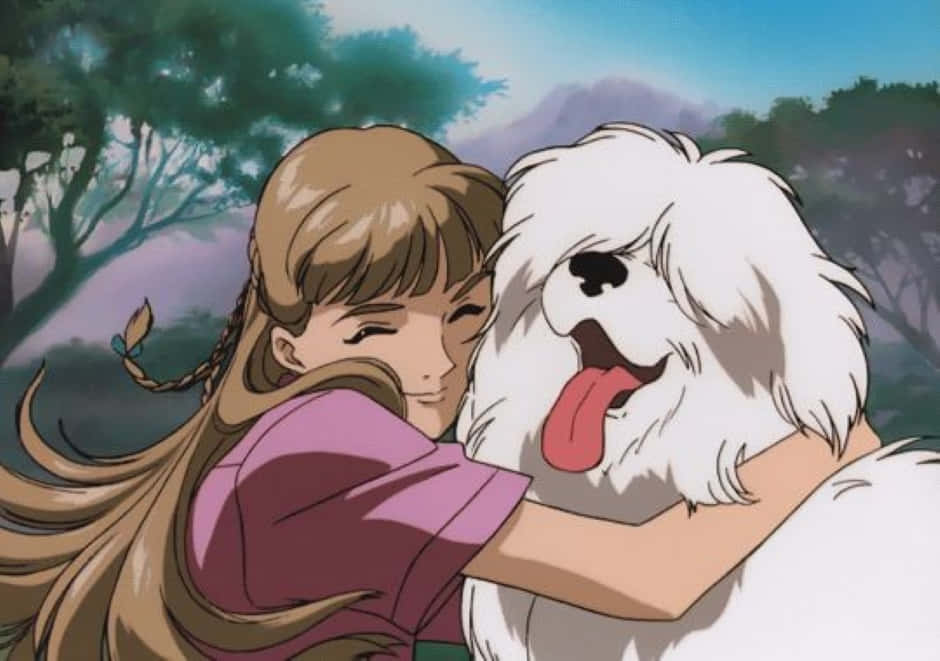 Relena Peacecraft, pink shirt, fluffy white dog, SD Desktop Wallpaper