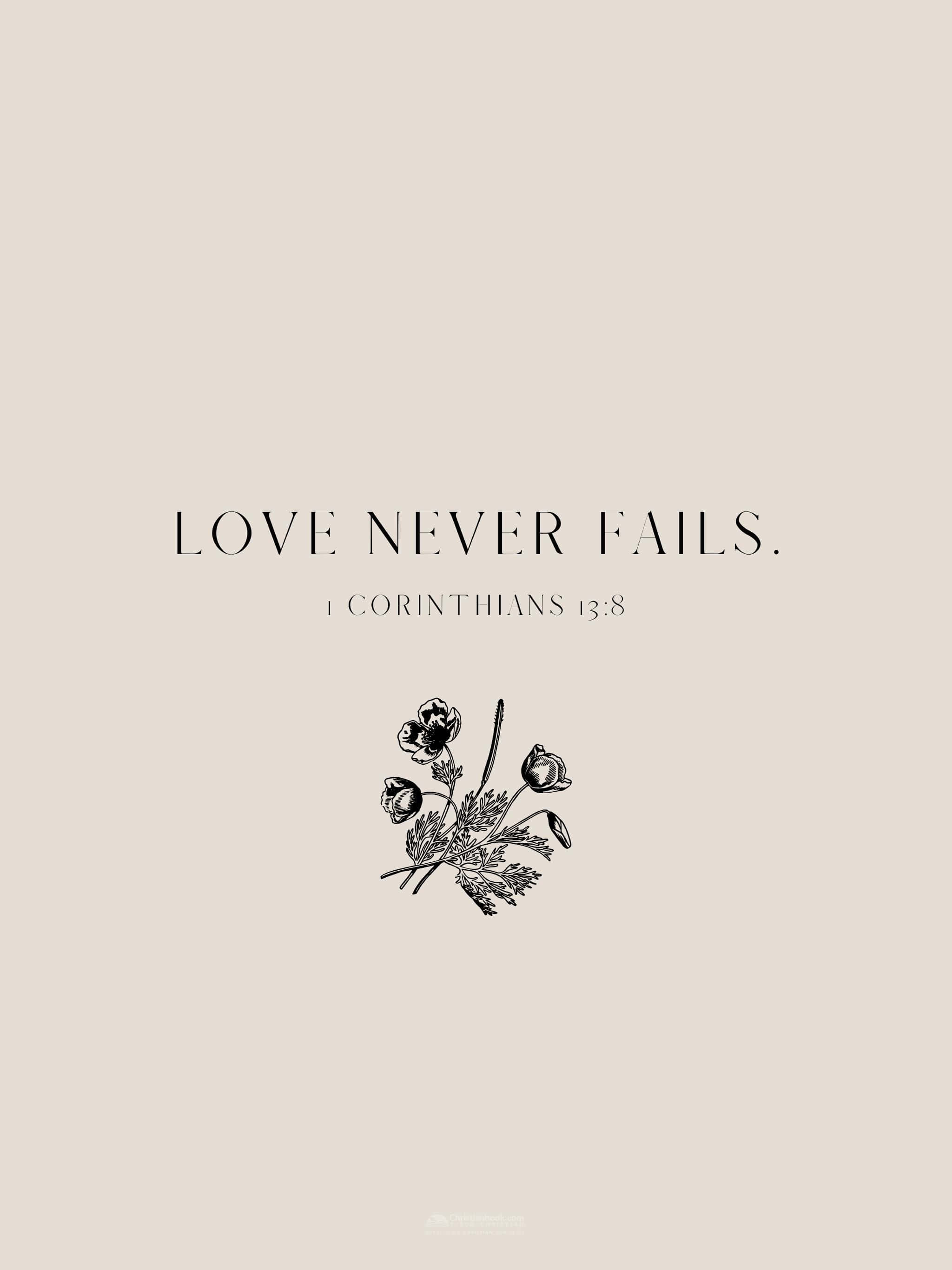 LOVE NEVER FAILS, beige background, black line drawing of flowers, 2K Phone Wallpaper