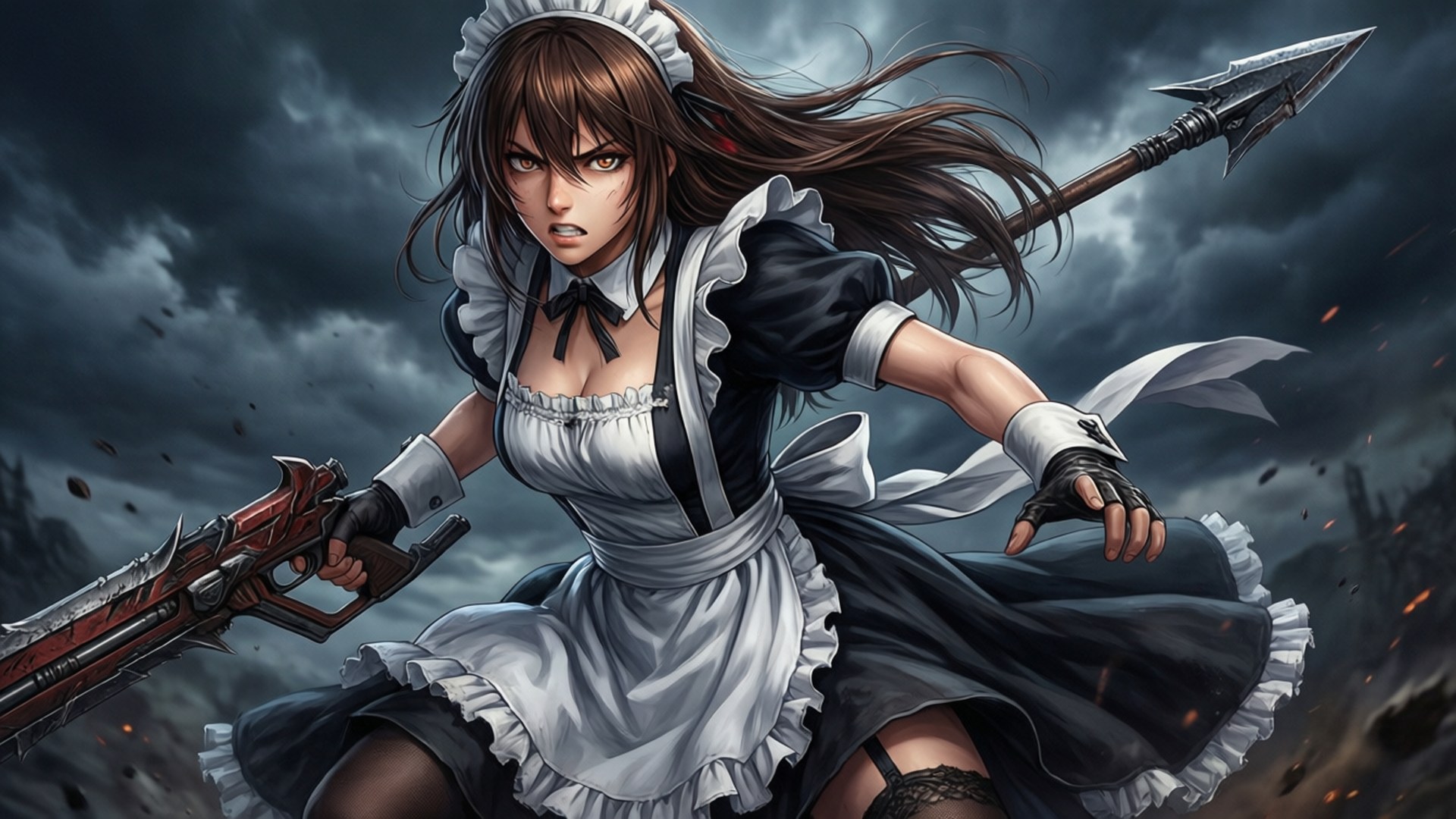 Rem Saverem, black and white frilly dress, rifle, Full HD Desktop Wallpaper