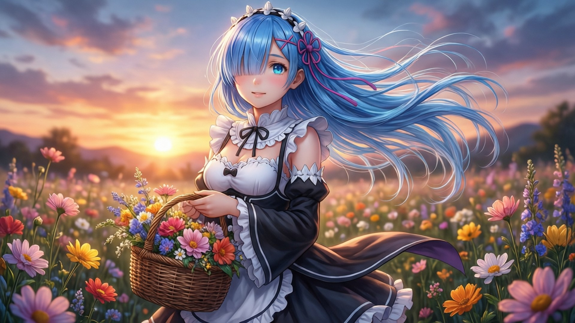 Rem, sunflower field, sunset, Full HD Desktop Wallpaper