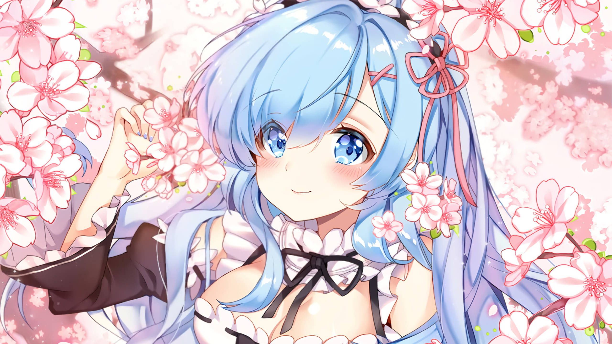 Rem, cherry blossom, blue hair, 2K Desktop Wallpaper