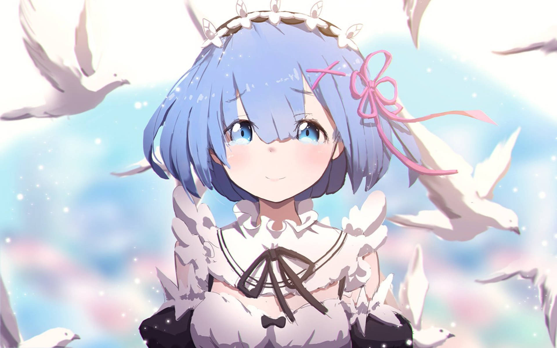 Rem, blue hair, pink bow, Full HD Desktop Wallpaper