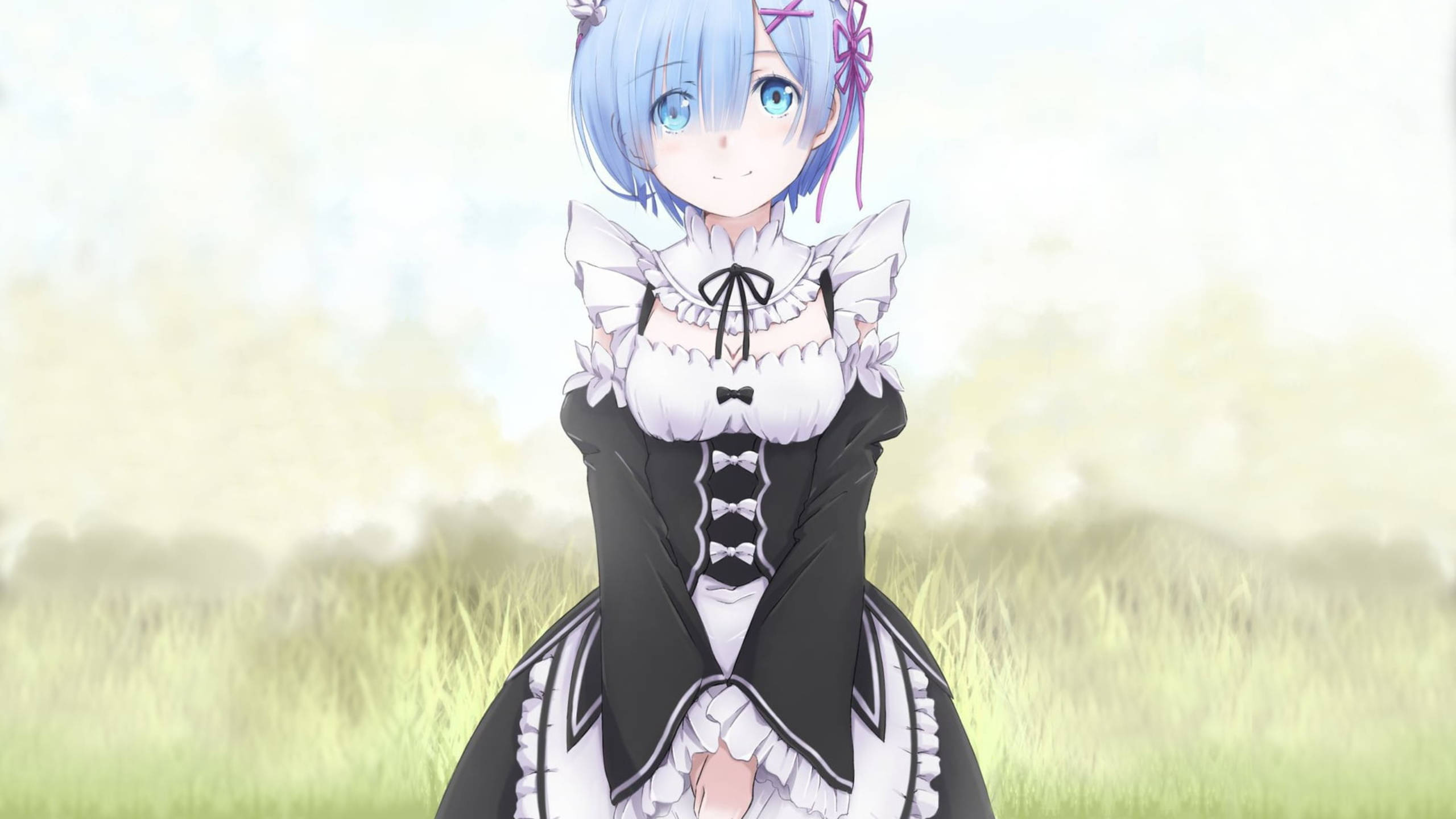 Rem, green field, blue hair, 2K Desktop Wallpaper