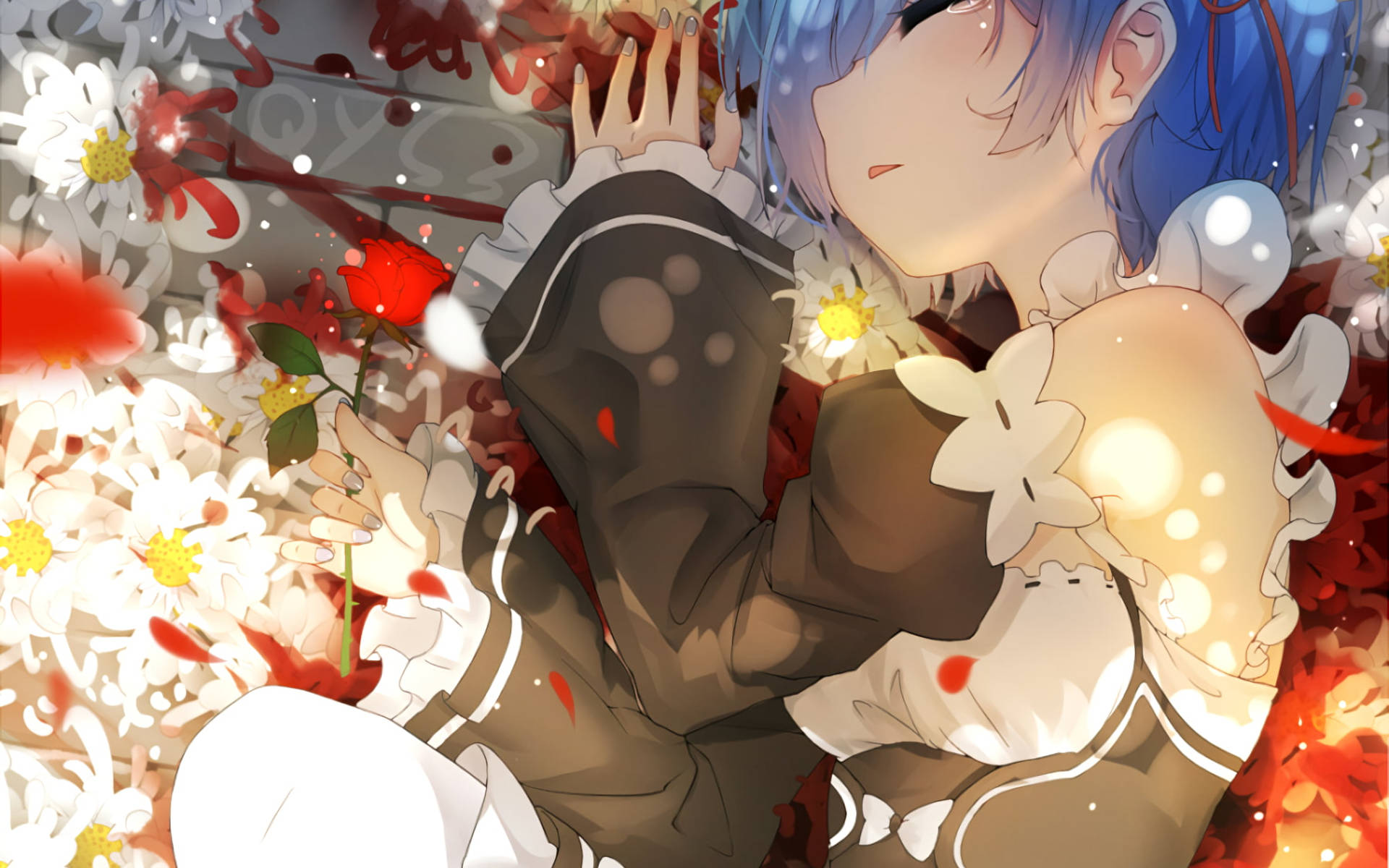 Rem, blue-haired anime girl, red rose, Full HD Desktop Wallpaper
