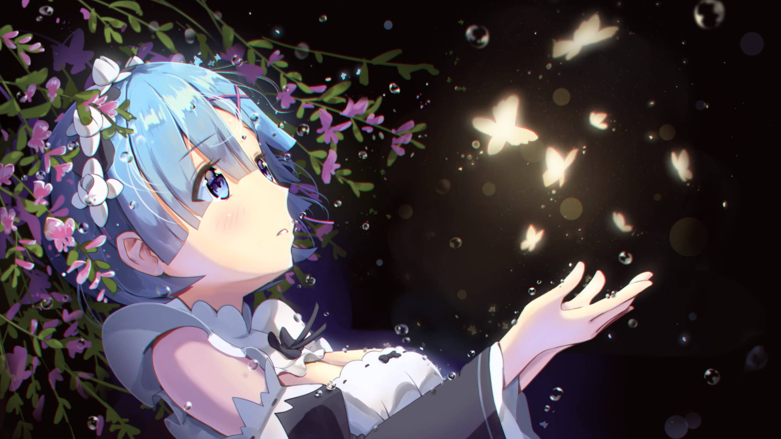 Rem, blue-haired anime girl, white dress, 2K Desktop Wallpaper