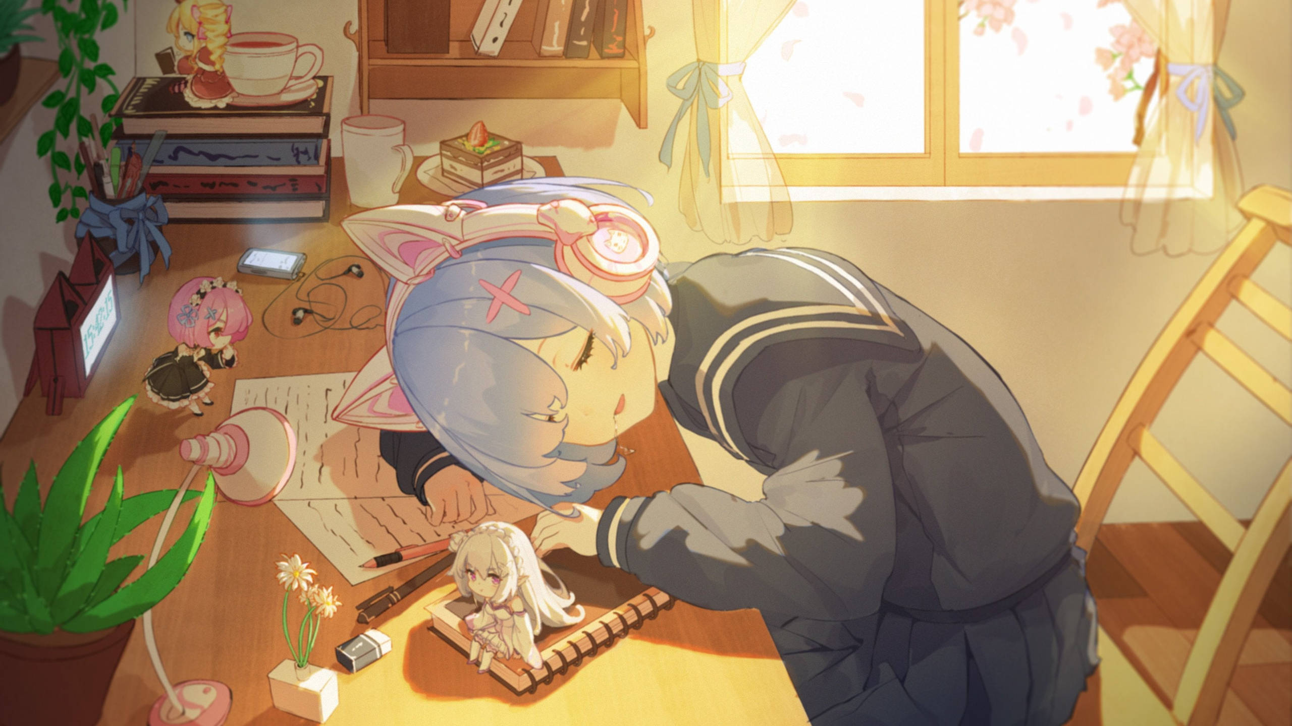 Rem, blue-haired anime girl, cat ears, 2K Desktop Wallpaper