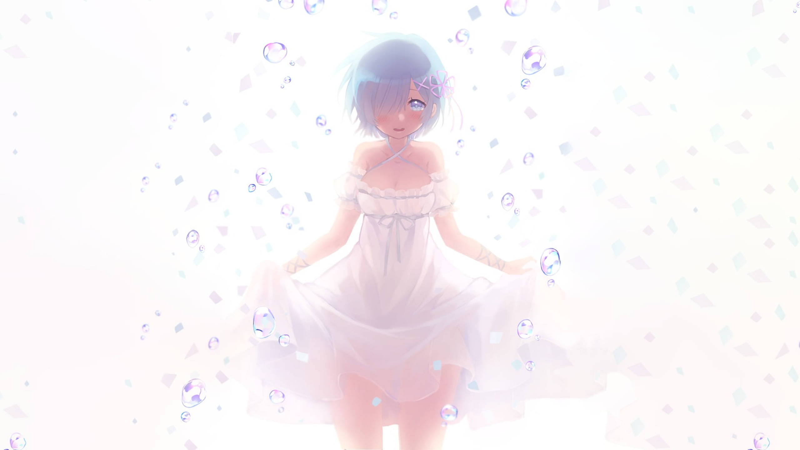 Rem, blue-haired anime girl, white dress, 2K Desktop Wallpaper