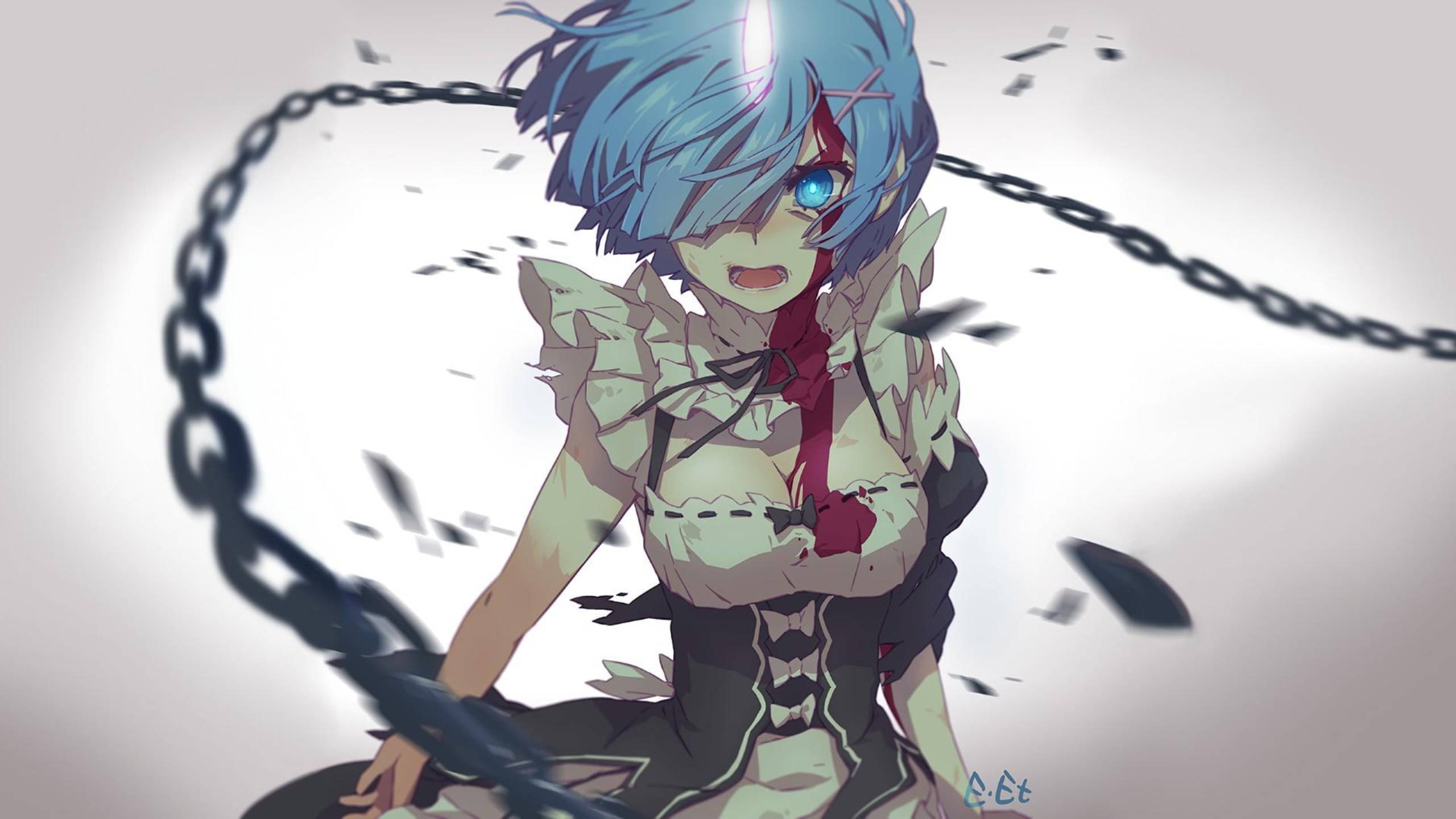 Rem, blue-haired, glowing eye, 2K Desktop Wallpaper