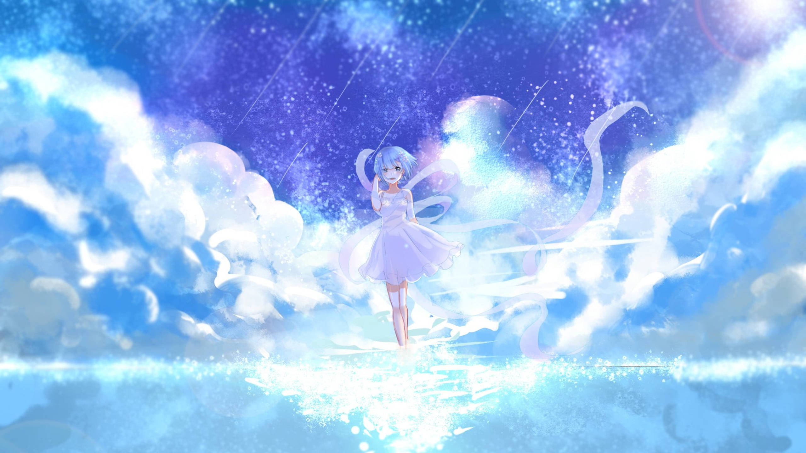 Rem, blue-haired anime girl, white dress, 2K Desktop Wallpaper