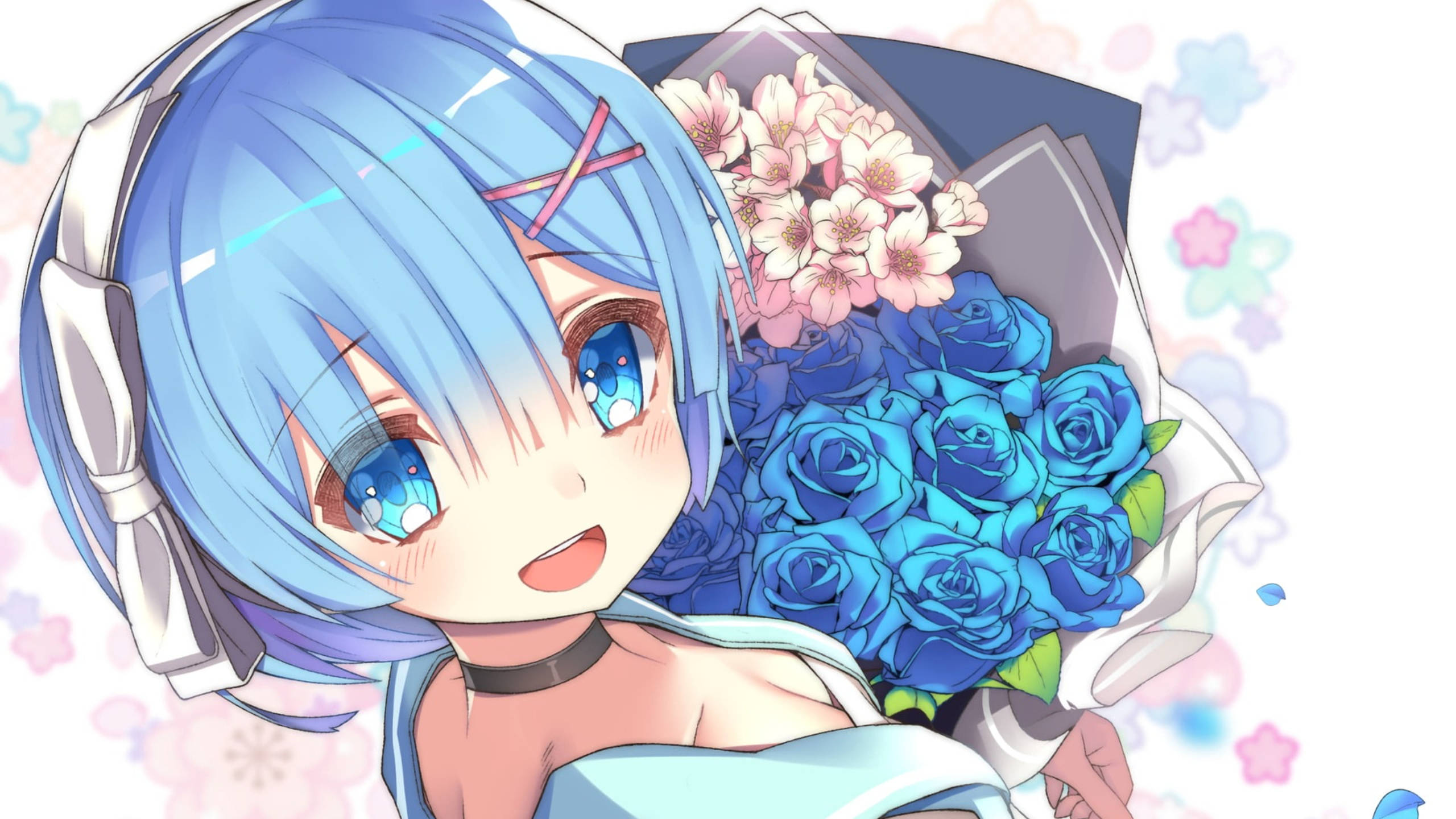 Rem, blue hair, blue eyes, 2K Desktop Wallpaper