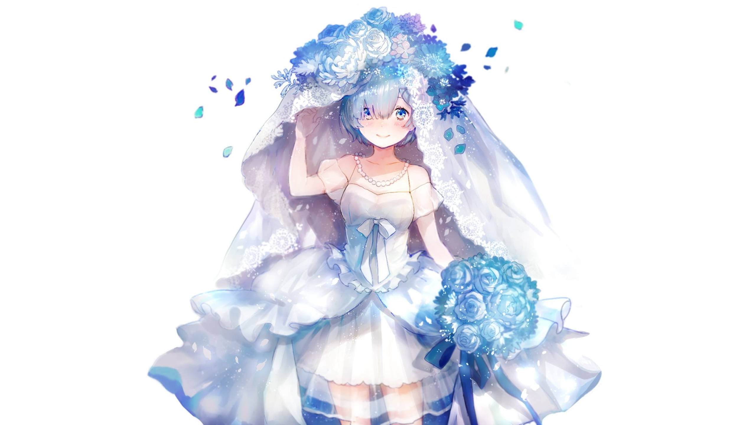 Rem, wedding gown, blue and white wedding dress, 2K Desktop Wallpaper