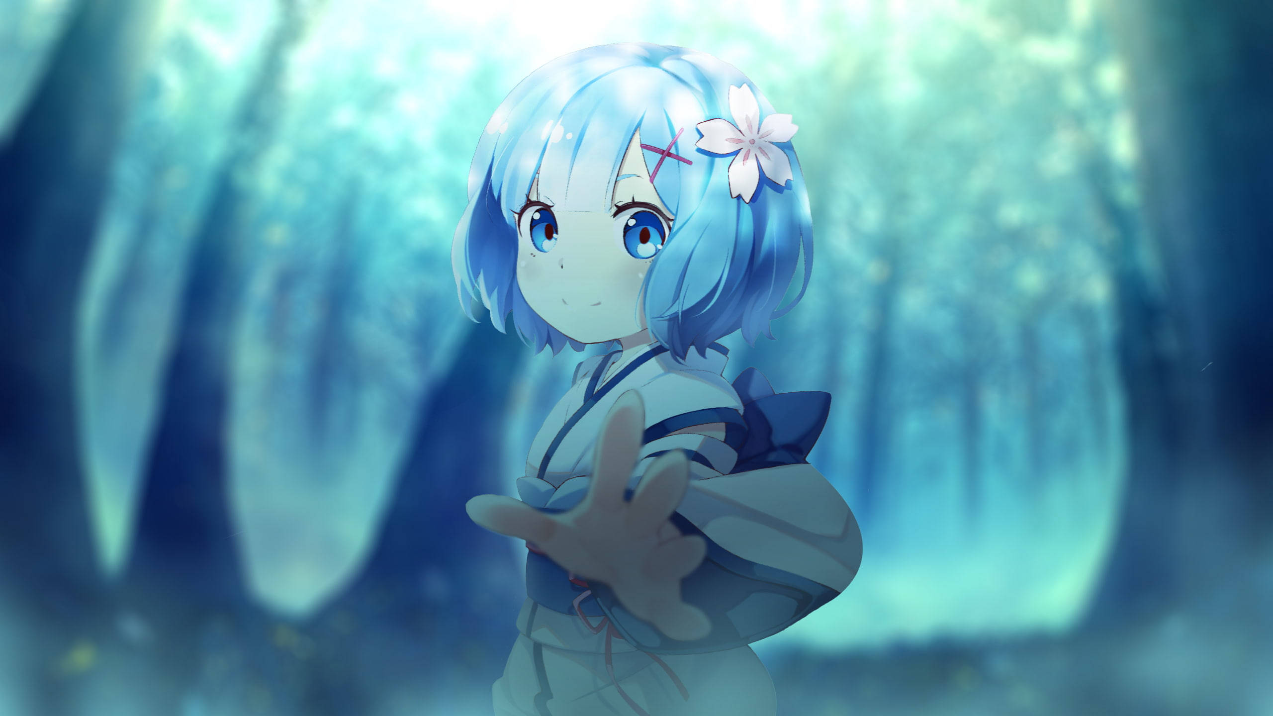 Rem, blue-haired anime girl, white kimono, 2K Desktop Wallpaper