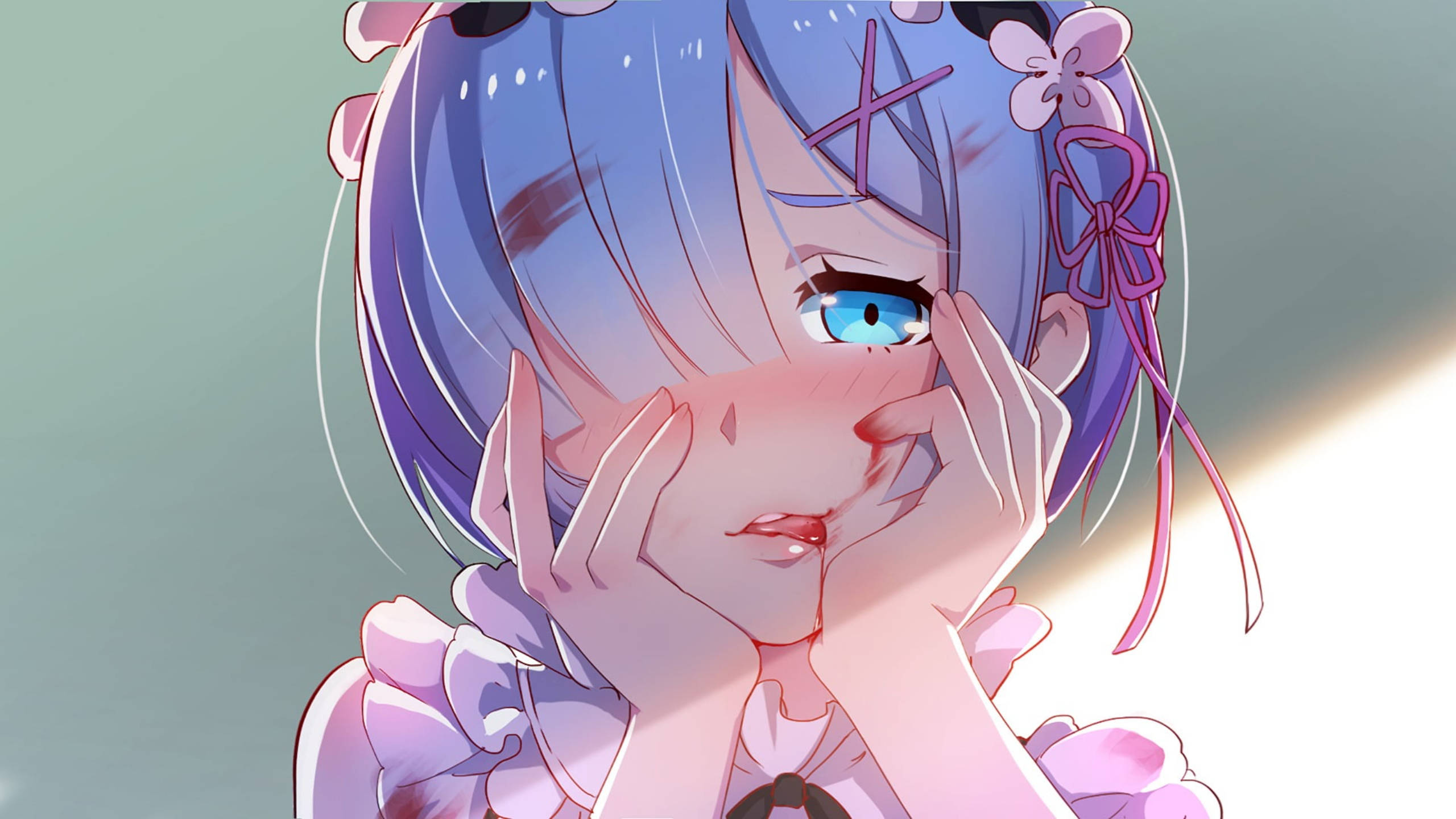 Rem, blue hair, pink accessories, 2K Desktop Wallpaper