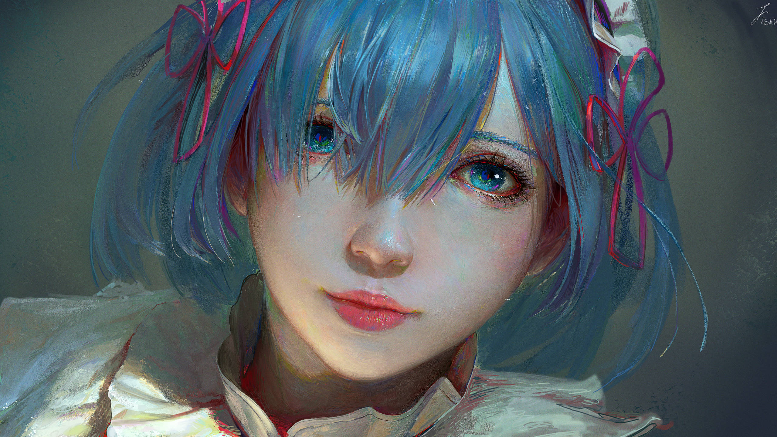 Rem, blue hair, pink ribbons, 2K Desktop Wallpaper