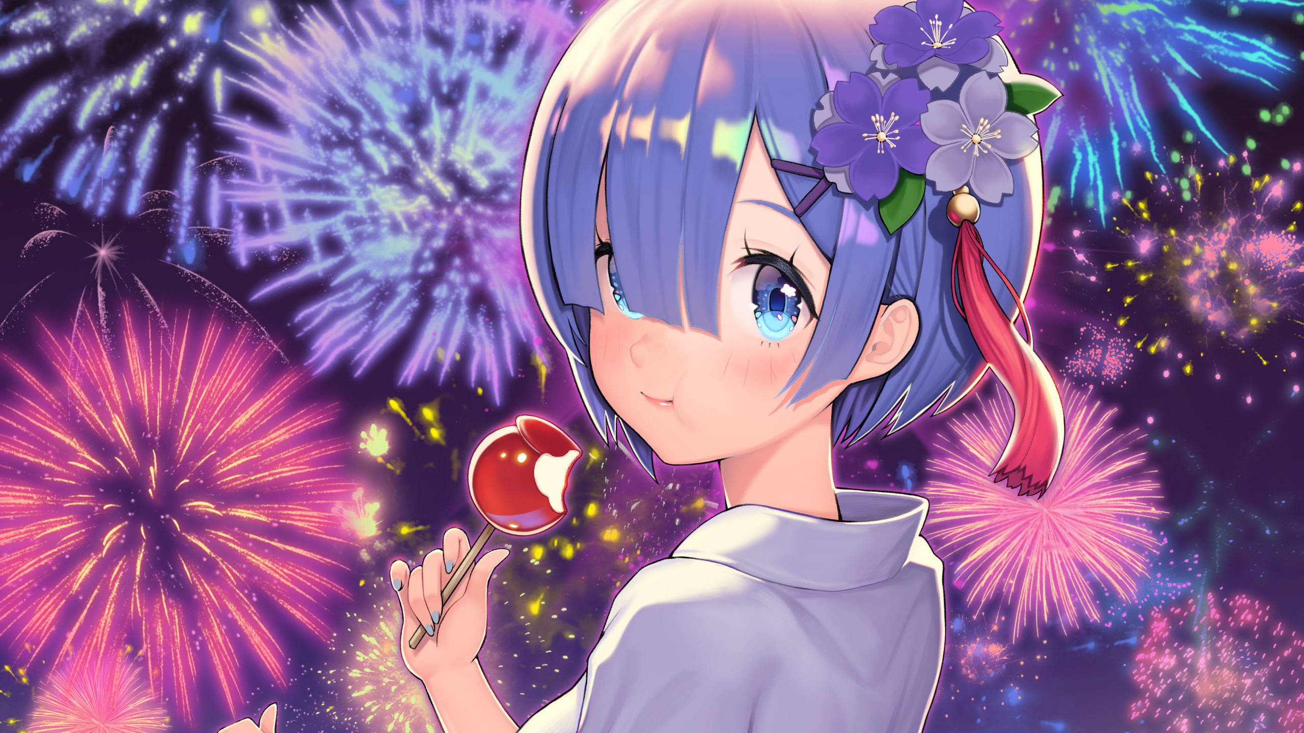 Rem, fireworks, blue hair, 2K Desktop Wallpaper