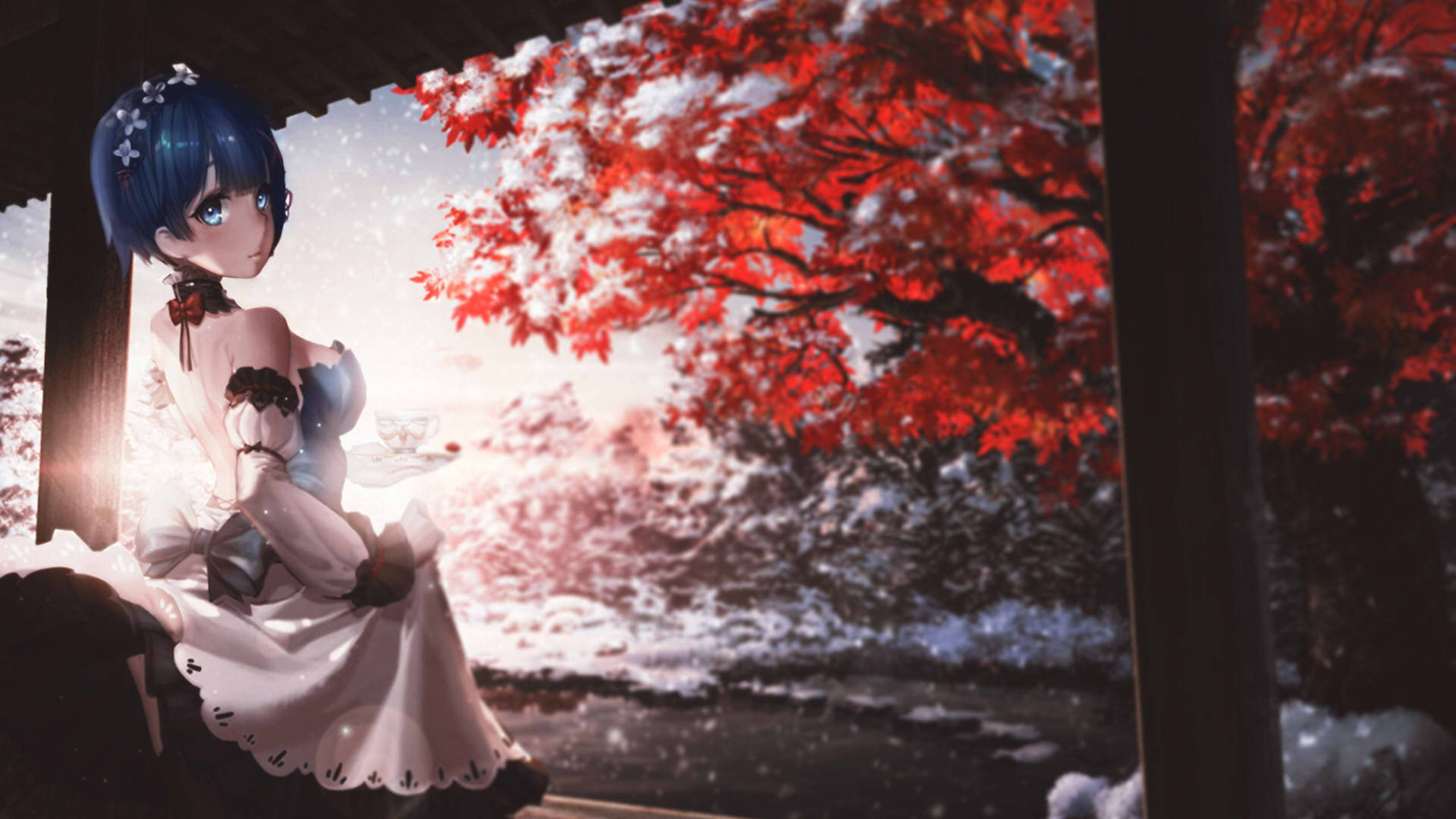 Rem, blue-haired anime girl, white dress, 2K Desktop Wallpaper