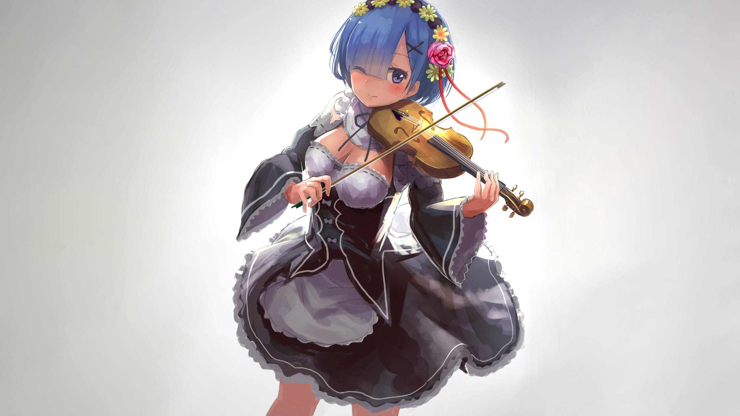 Rem, violin, blue-haired, 2K Desktop Wallpaper