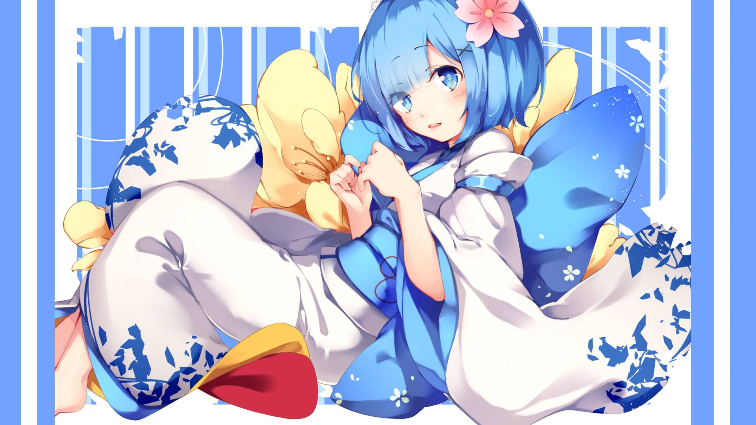 Rem, blue kimono, blue-haired anime girl, 2K Desktop Wallpaper