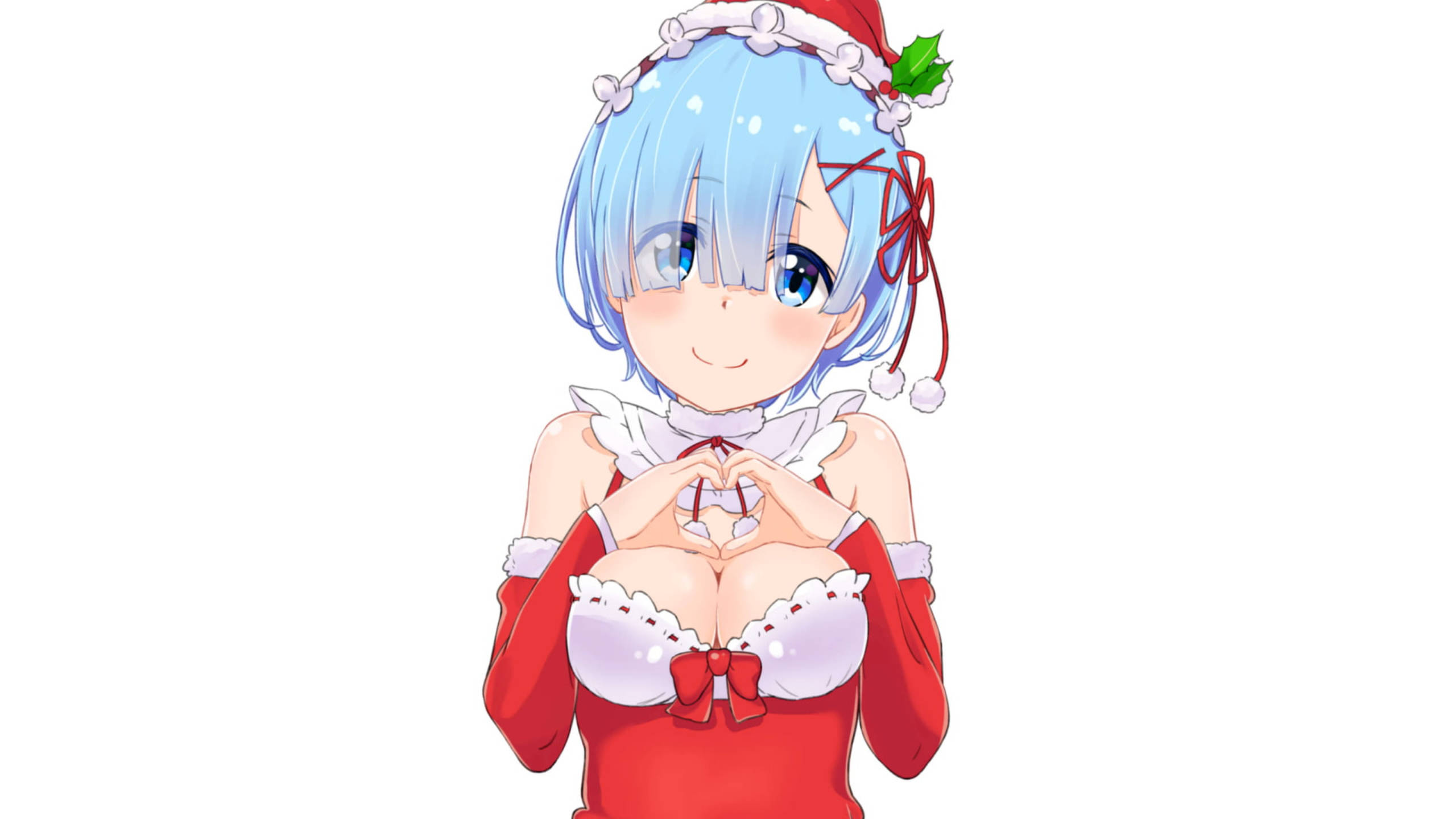 Rem, Santa costume, blue hair, 2K Desktop Wallpaper