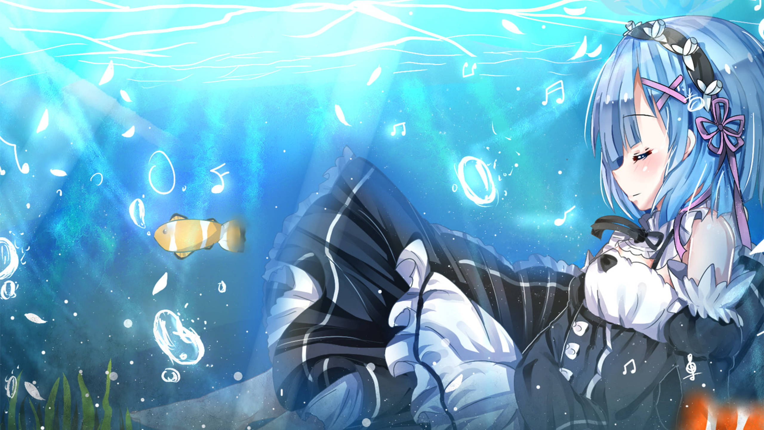 Rem, blue-haired anime girl, maid outfit, 2K Desktop Wallpaper