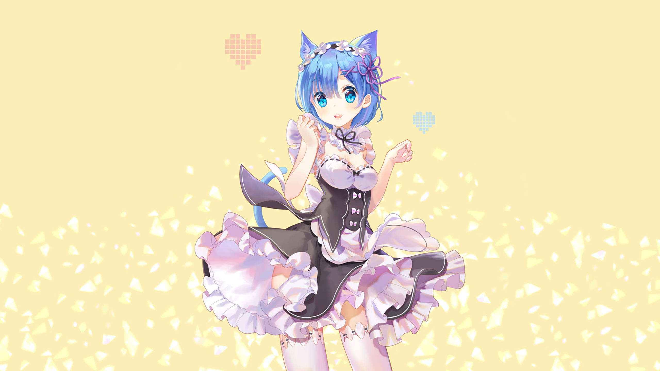 Rem, cat ears, blue-haired, 2K Desktop Wallpaper