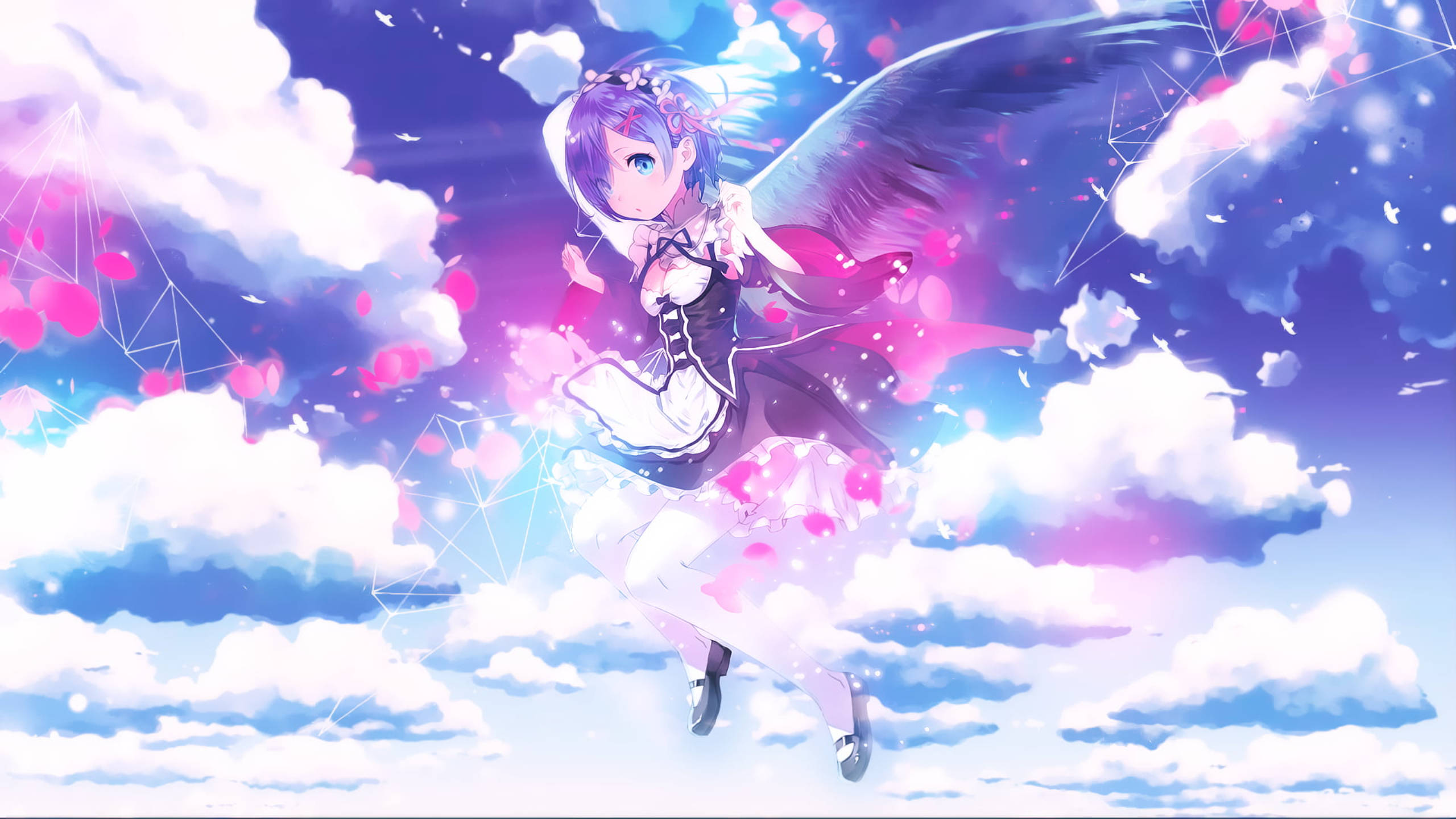 Rem, angel wings, purple-haired anime girl, 2K Desktop Wallpaper