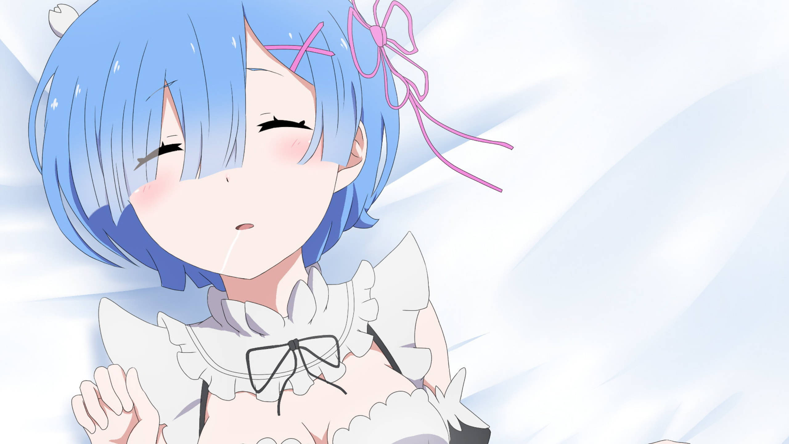 Rem, blue hair, pink bow, 2K Desktop Wallpaper