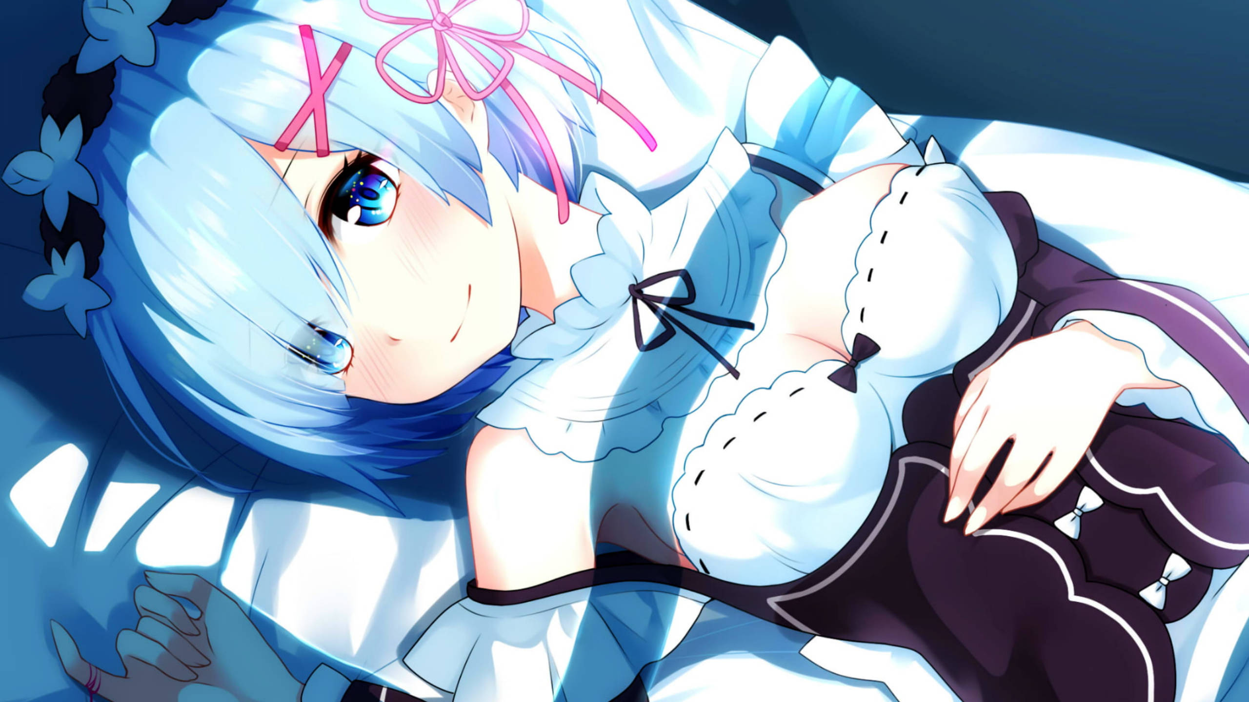 Rem, blue hair, pink bow, 2K Desktop Wallpaper