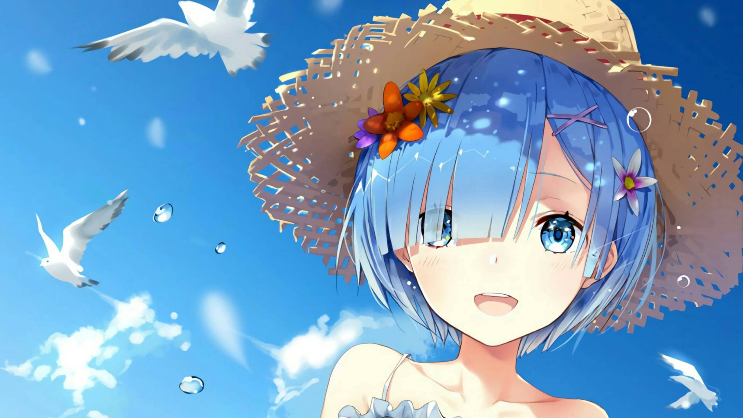 Rem, blue-haired anime girl, straw hat, 2K Desktop Wallpaper