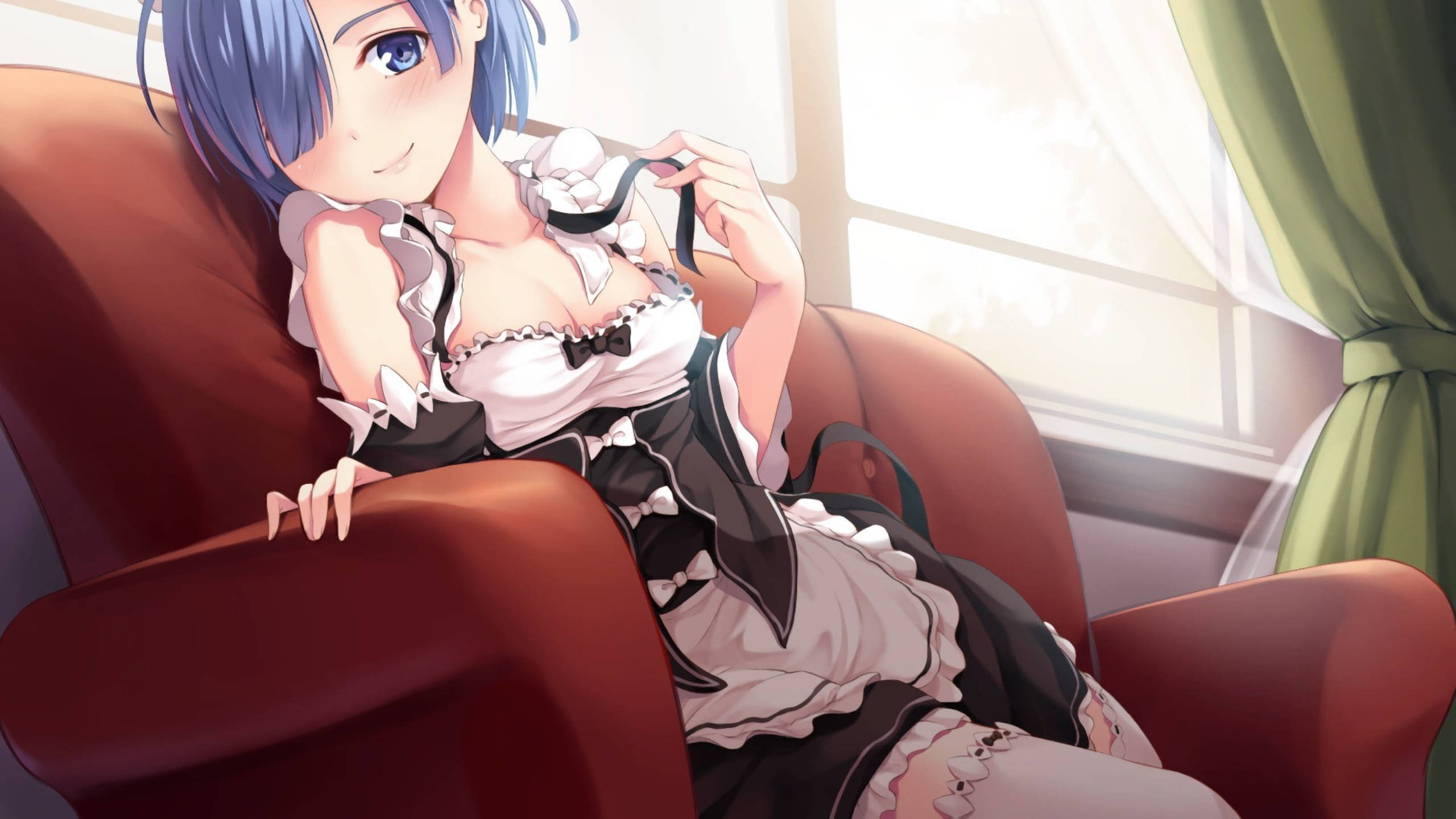 Rem, blue-haired anime girl, maid outfit, 2K Desktop Wallpaper