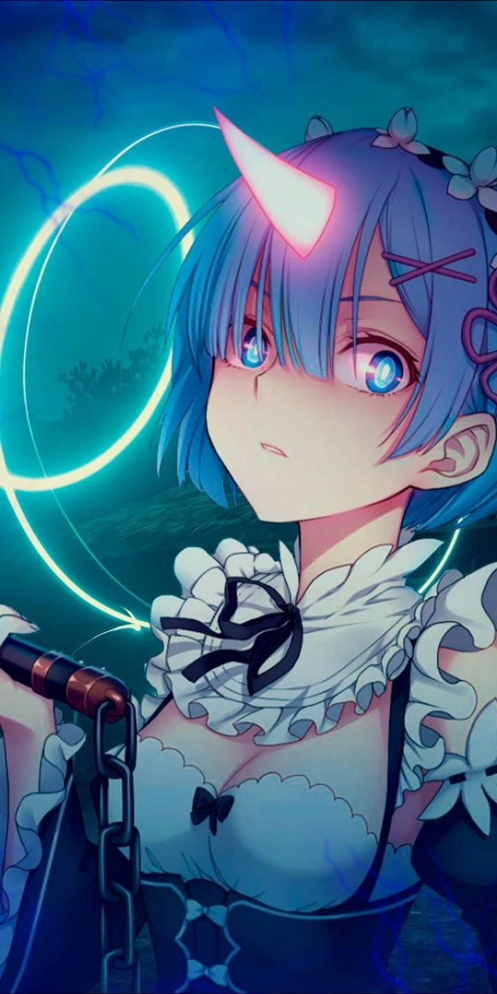 Rem, blue-haired, glowing pink horn, HD Phone Wallpaper