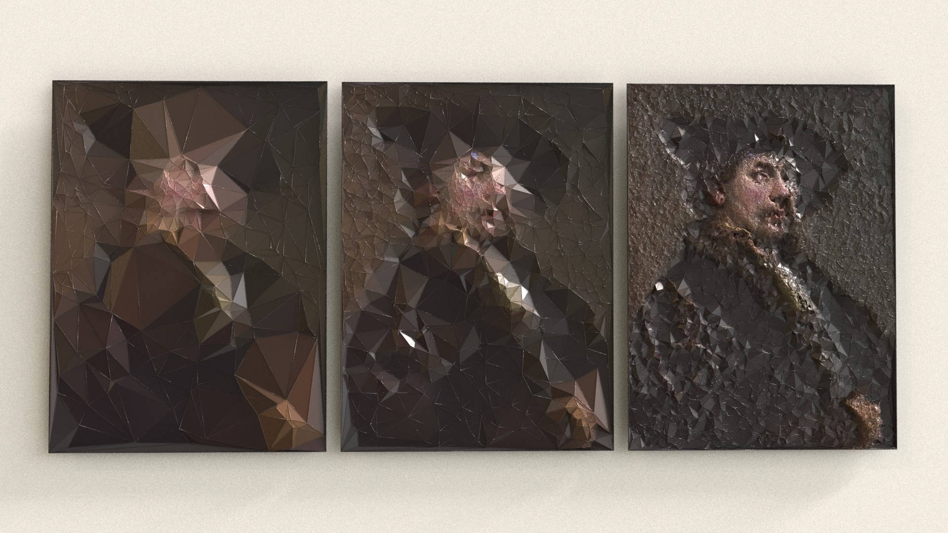 polygonal rembrandt, geometrically fractured portraits, dark browns, Full HD Desktop Wallpaper
