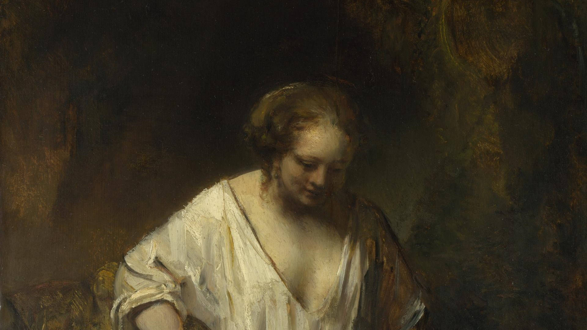 Rembrandt, woman bathing in stream, white garment, Full HD Desktop Wallpaper