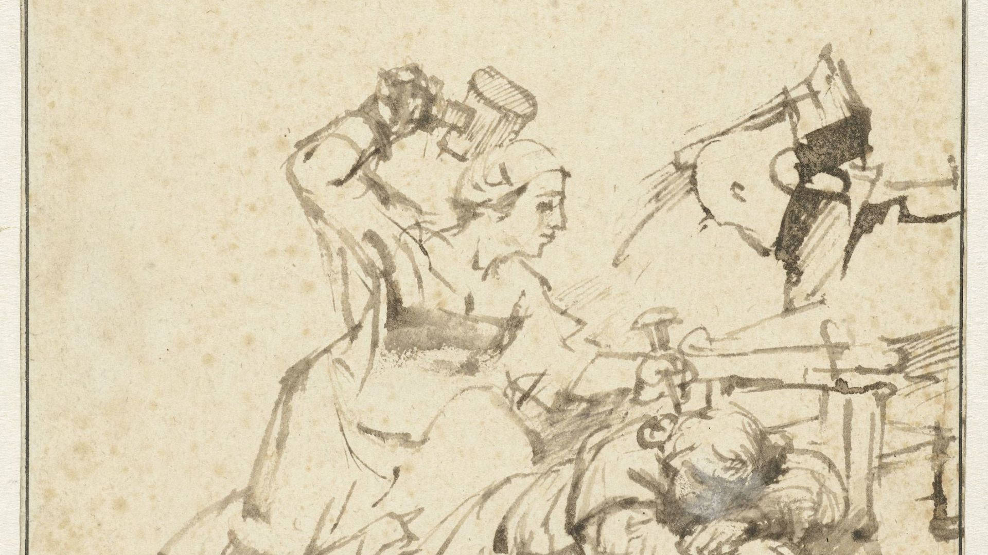 Rembrandt, paper drawing, two figures, Full HD Desktop Wallpaper