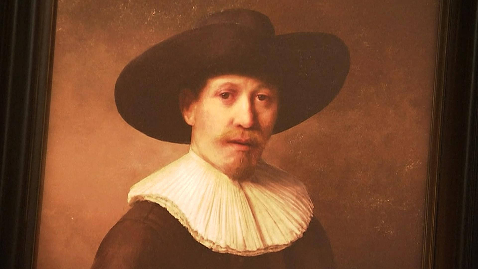 Rembrandt, wide-brimmed black hat, white ruffled collar, Full HD Desktop Wallpaper