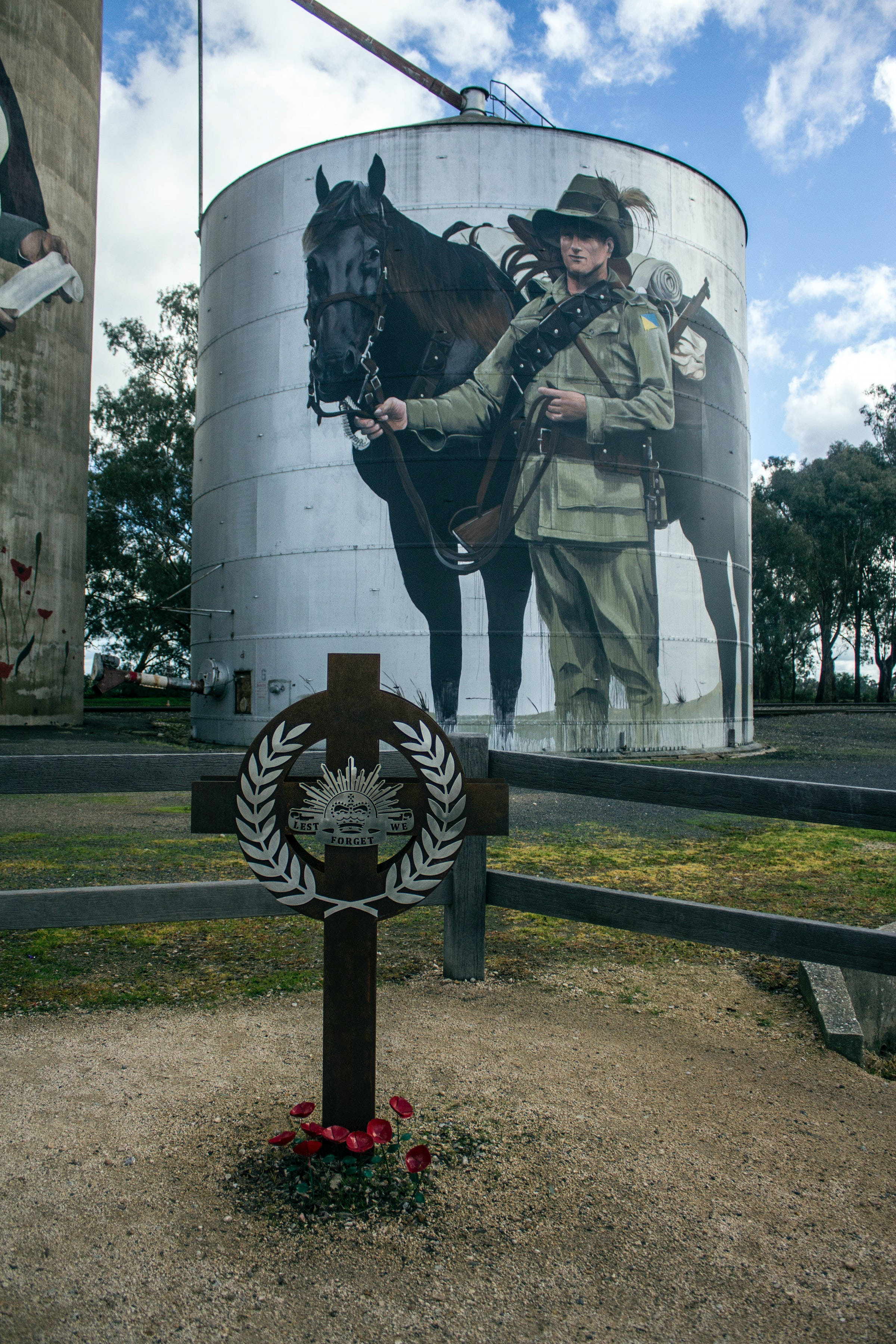 soldier mural, silo, wooden cross, 2K Phone Wallpaper