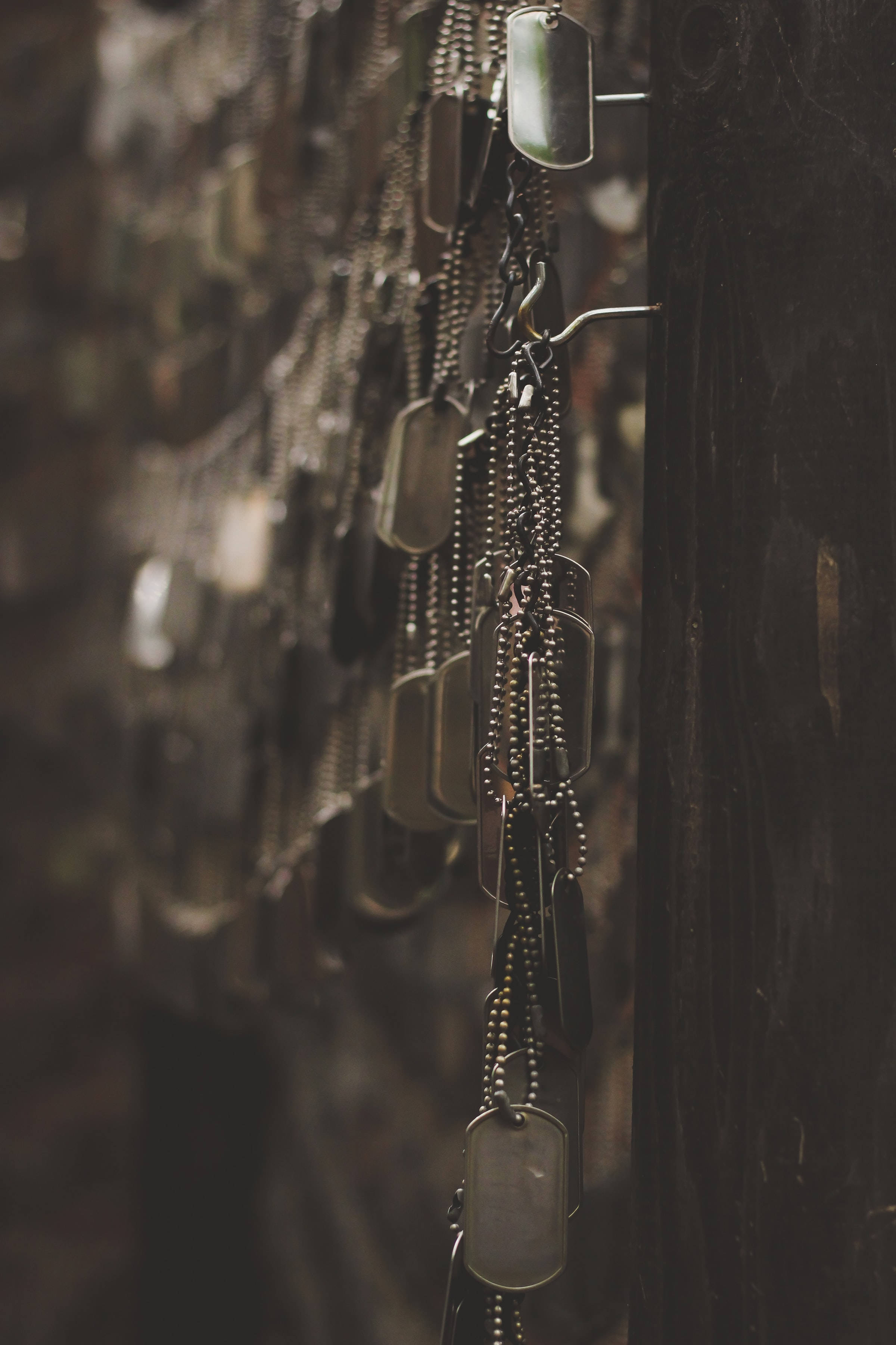 Remembrance Day, dog tags, dark wooden wall, 2K Phone Wallpaper