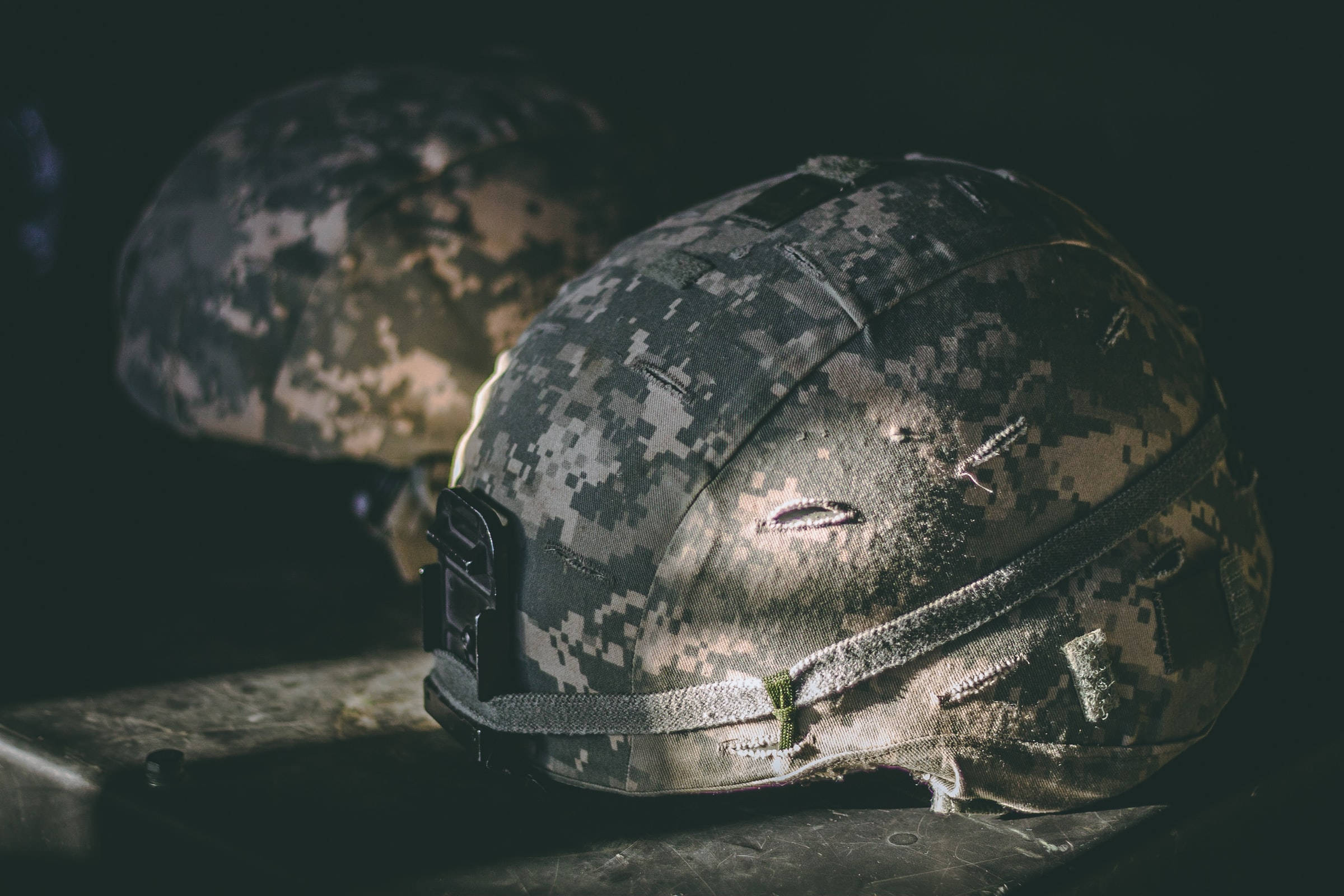 soldier helmets, digital camouflage pattern, dark surface, Full HD Desktop Wallpaper