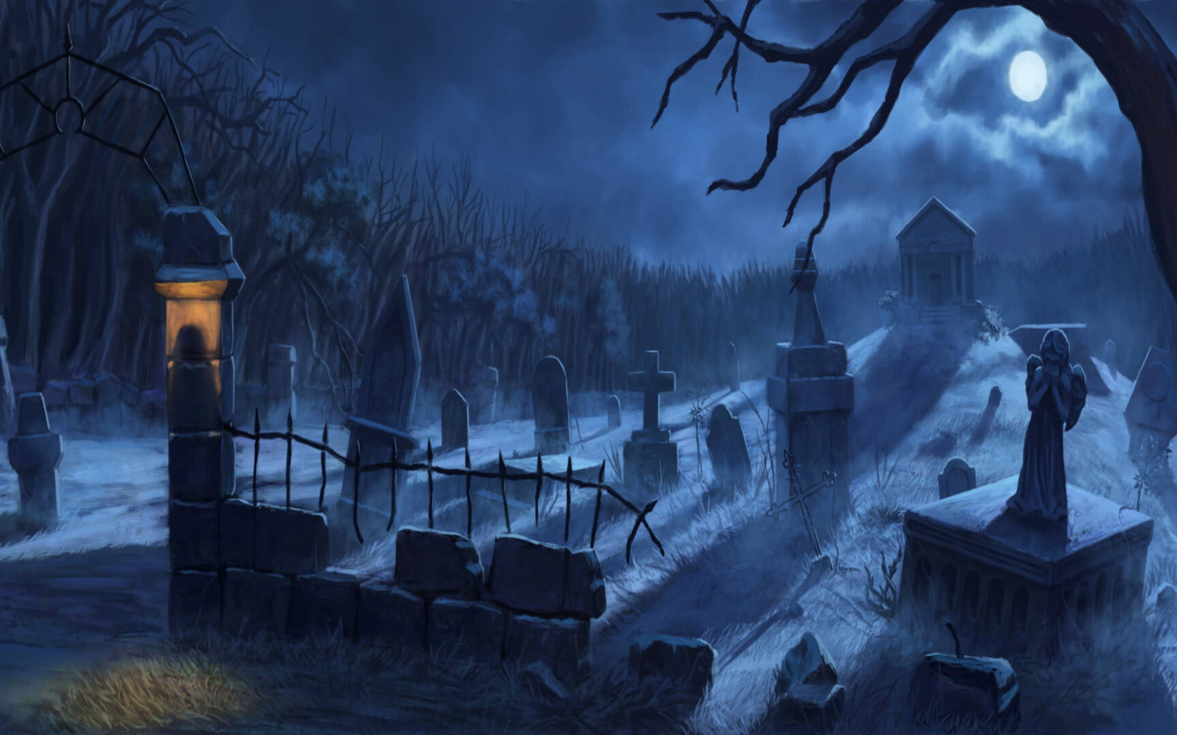Graveyard At Midnight, moonlit cemetery, snow-covered graves, Full HD Desktop Wallpaper