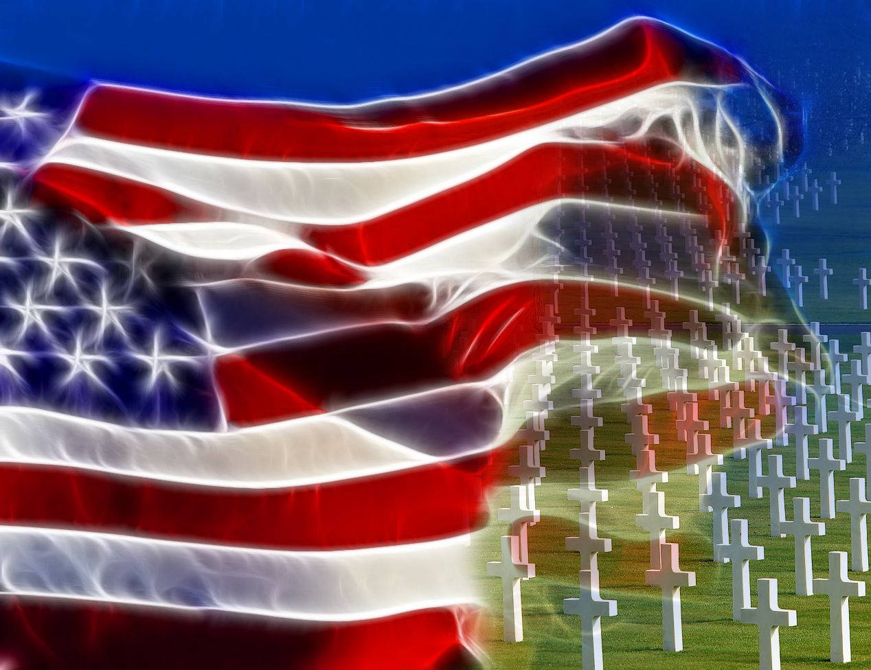 American flag, white crosses, deep blue sky, SD Desktop Wallpaper