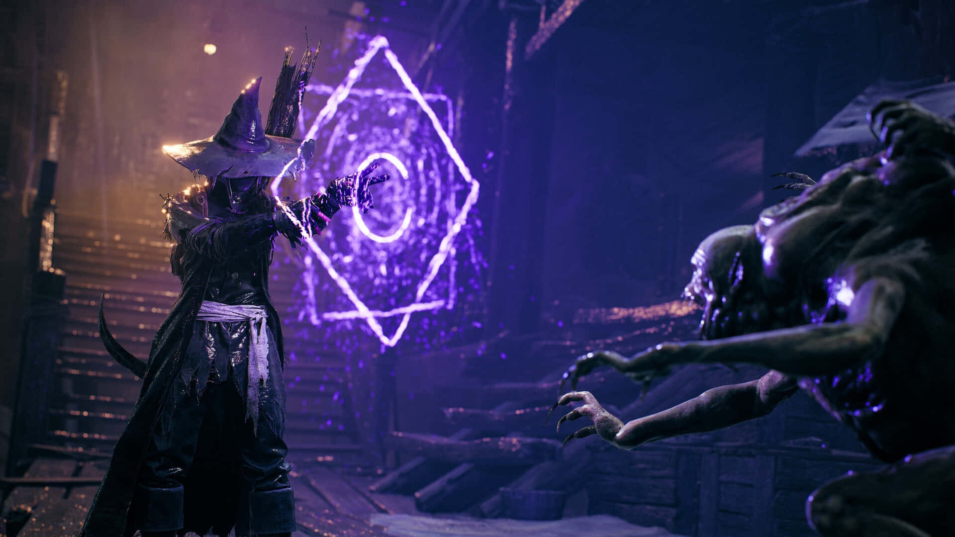 Remnant 2, mystic combat, glowing purple hexagonal spell, Full HD Desktop Wallpaper