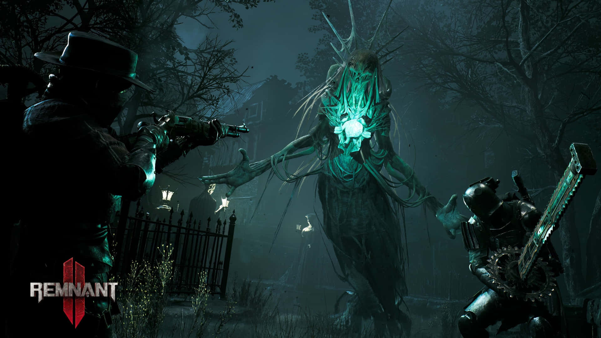 Remnant 2, intense boss battle, glowing green alien creature, Full HD Desktop Wallpaper