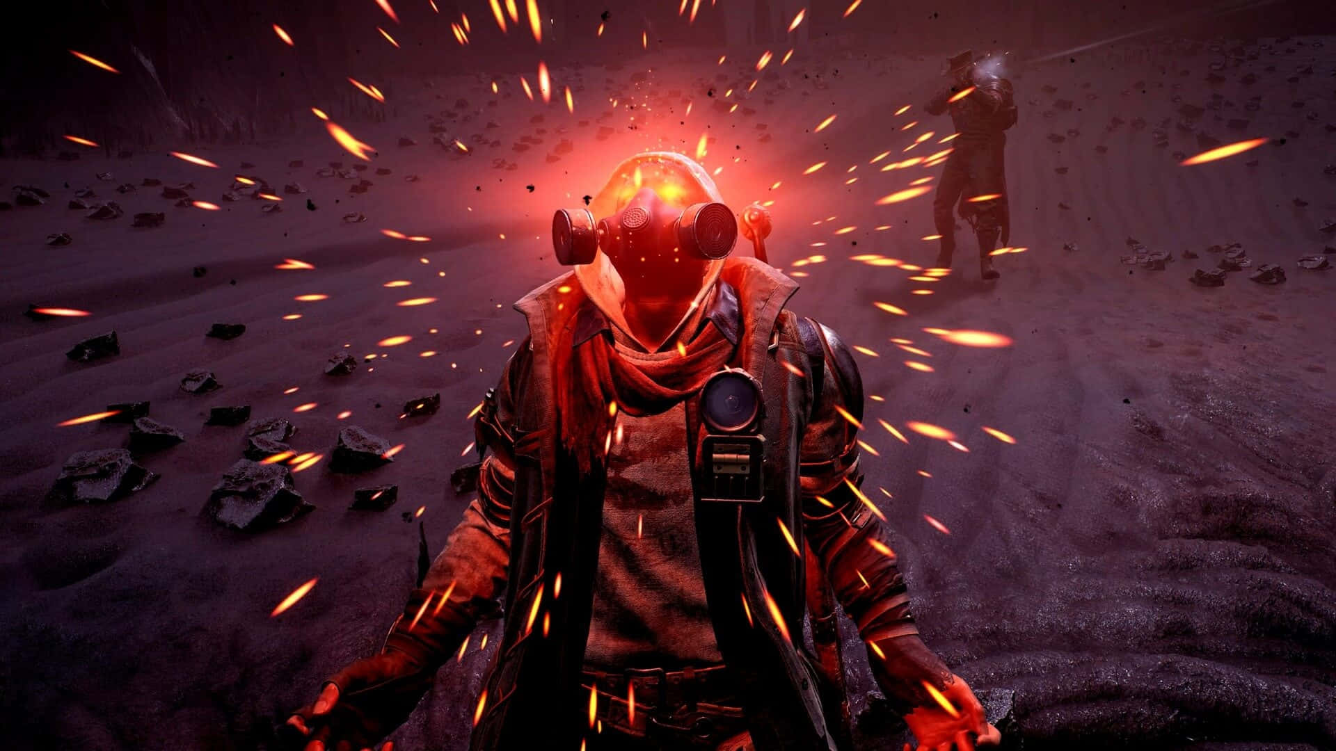 Remnant 2, glowing red gas mask, desert of dark rocks, Full HD Desktop Wallpaper