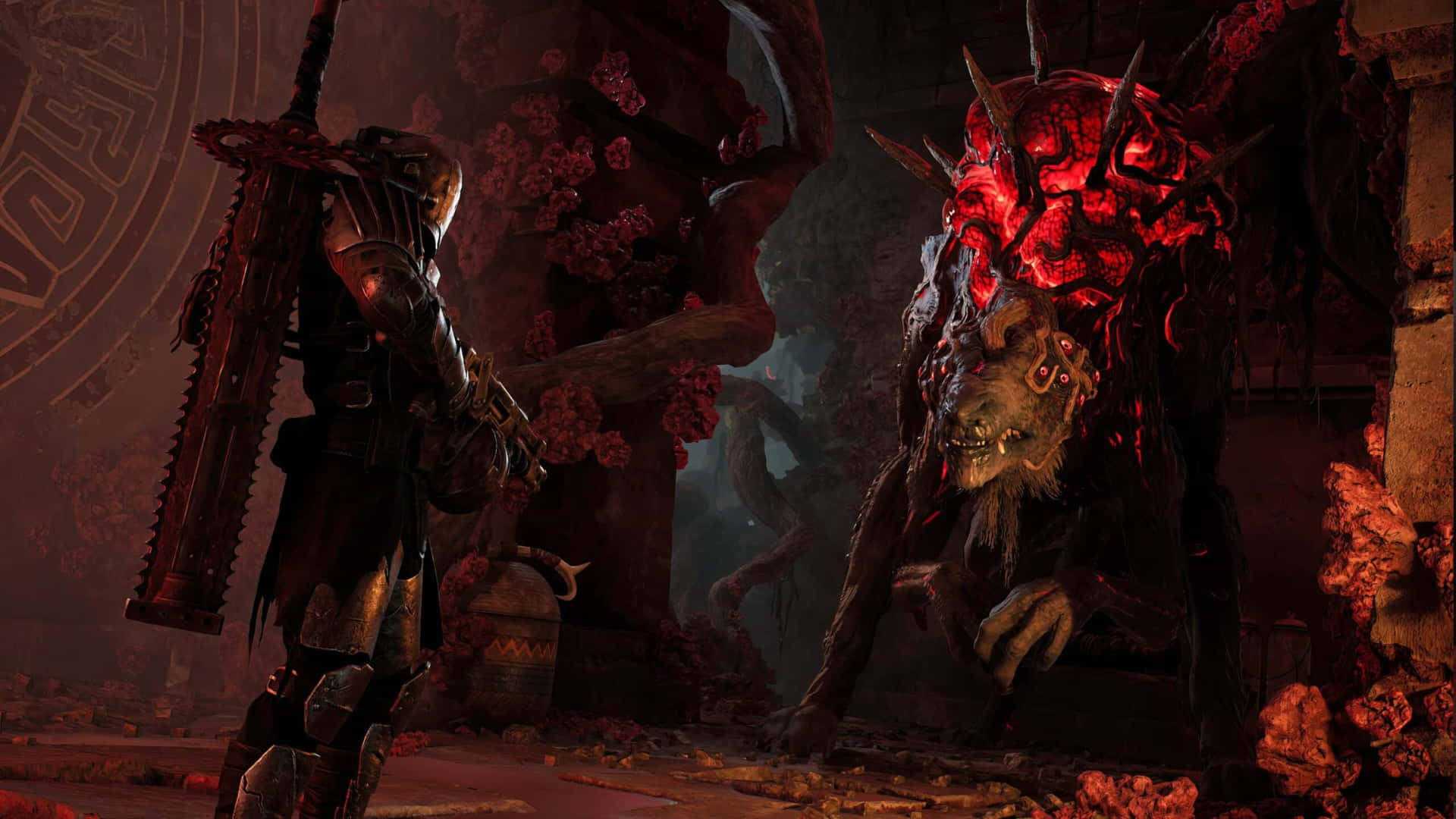 Remnant 2, heavily armored warrior, grotesque red-skinned demon, Full HD Desktop Wallpaper