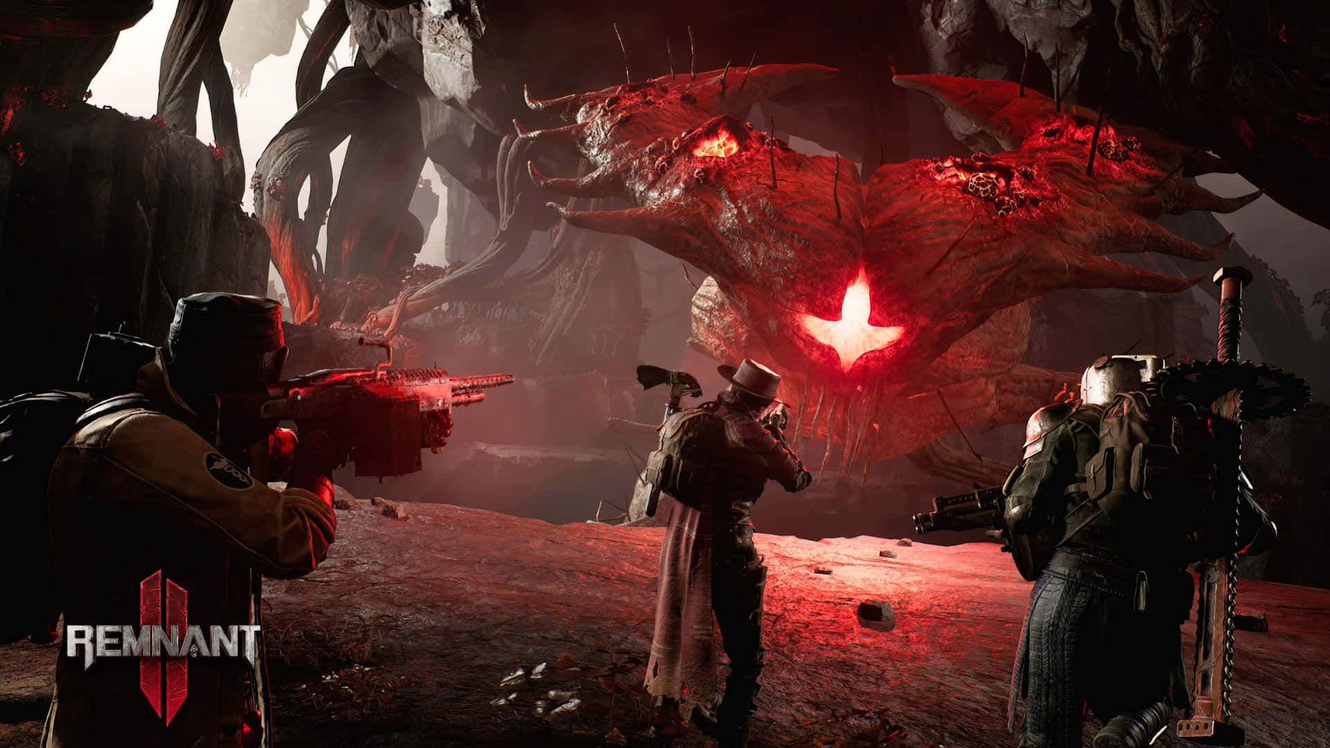 Remnant 2, intense boss battle, massive glowing red biomechanical horror, Full HD Desktop Wallpaper