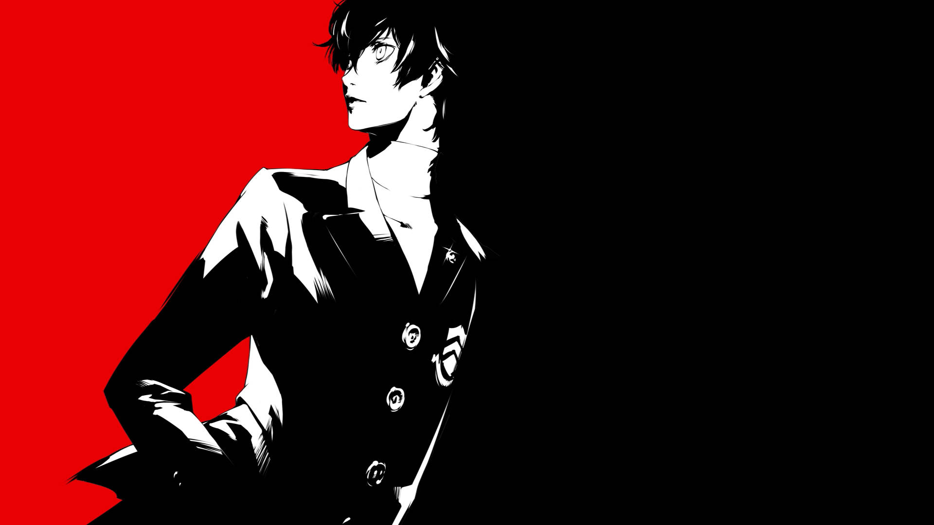 Ren Amamiya, black suit, red and black background, Full HD Desktop Wallpaper