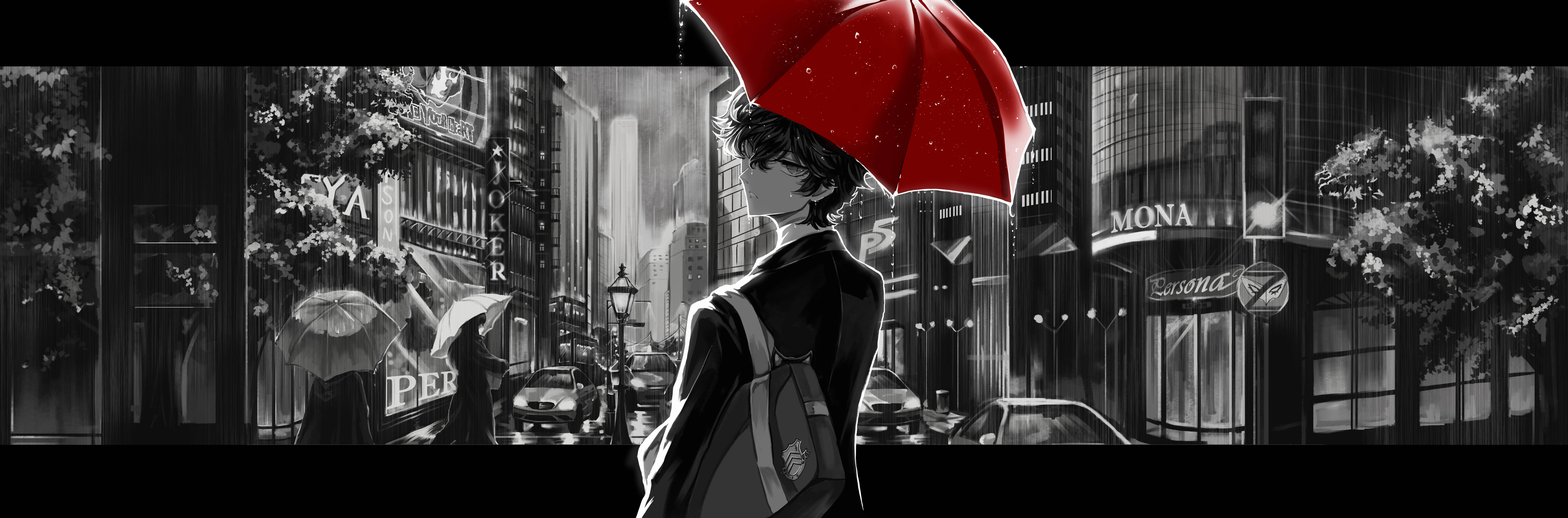 Ren Amamiya, rainy day, vibrant red umbrella, 8K Desktop Wallpaper